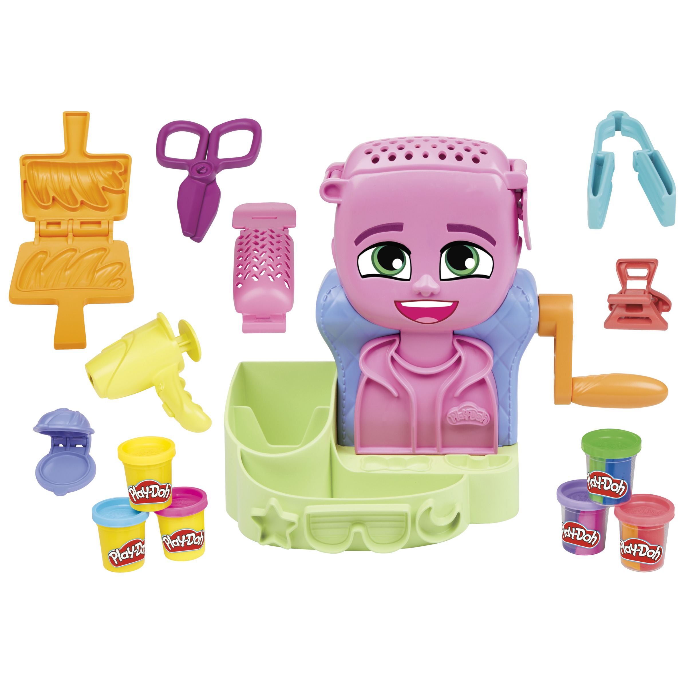 Un set de Play-Doh con una extrusora rosa con forma de cabeza, herramientas y botes de Play-Doh coloridos.