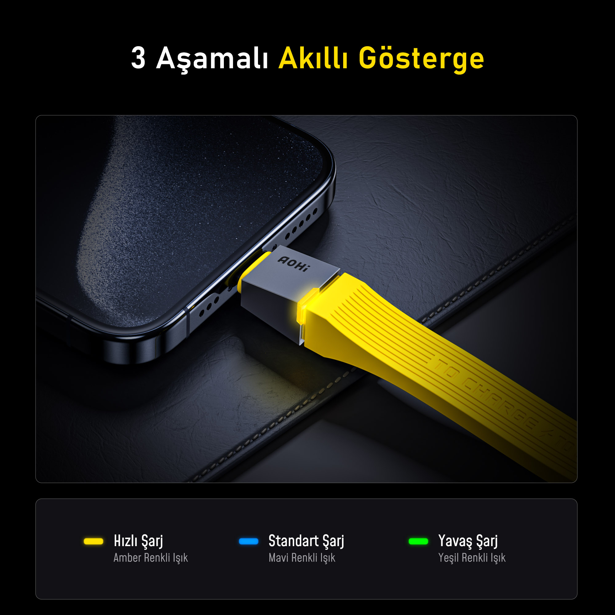 Bir telefon sarı bir kabloyla şarj oluyor. Kablo, şarj durumunu belirtmek için farklı renklerde yanıyor.