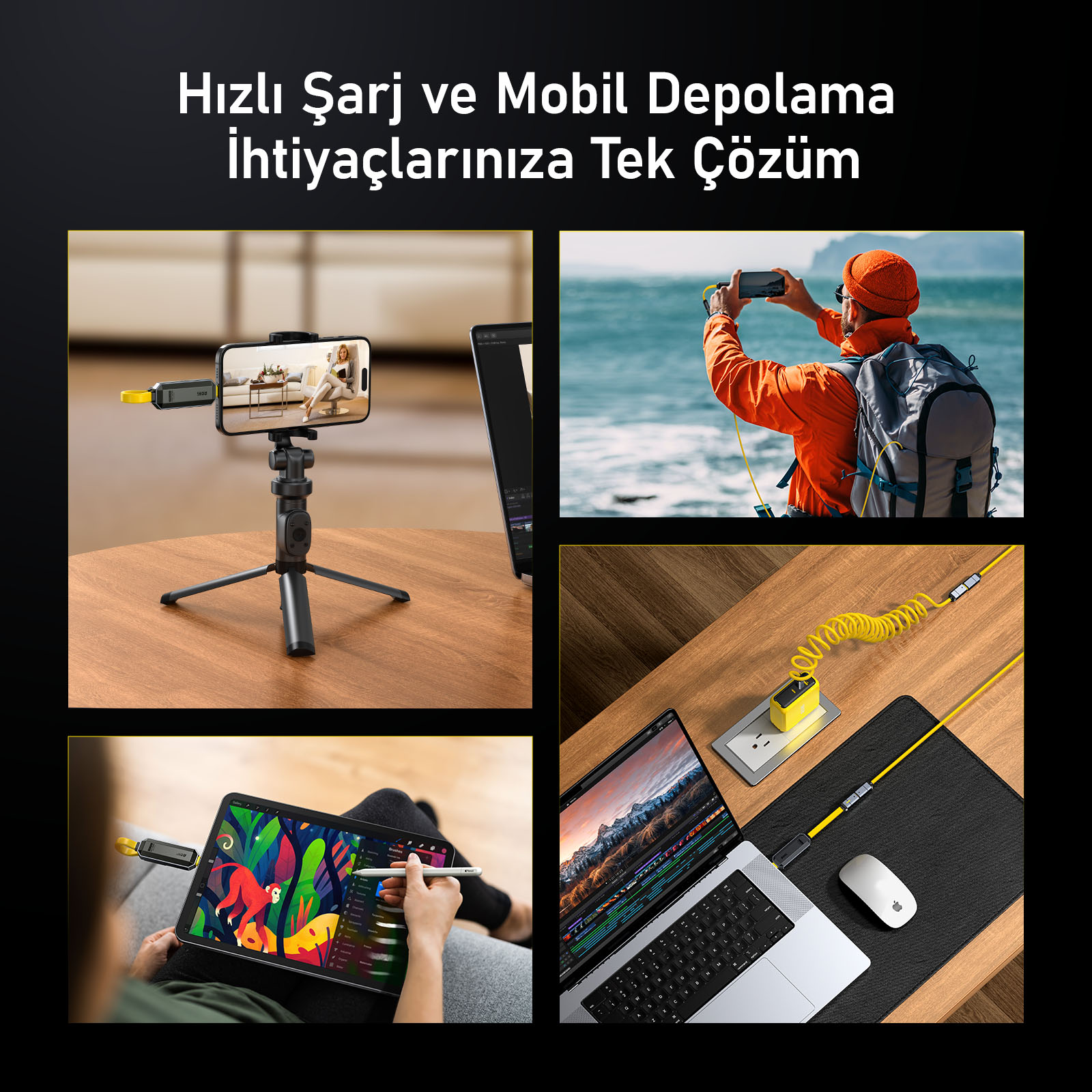 Görüntüde bir tripod üzerinde telefon, dışarıda çekim yapan bir kişi, bir tablet ve şarj kablosuyla bir dizüstü bilgisayar gösteriliyor.