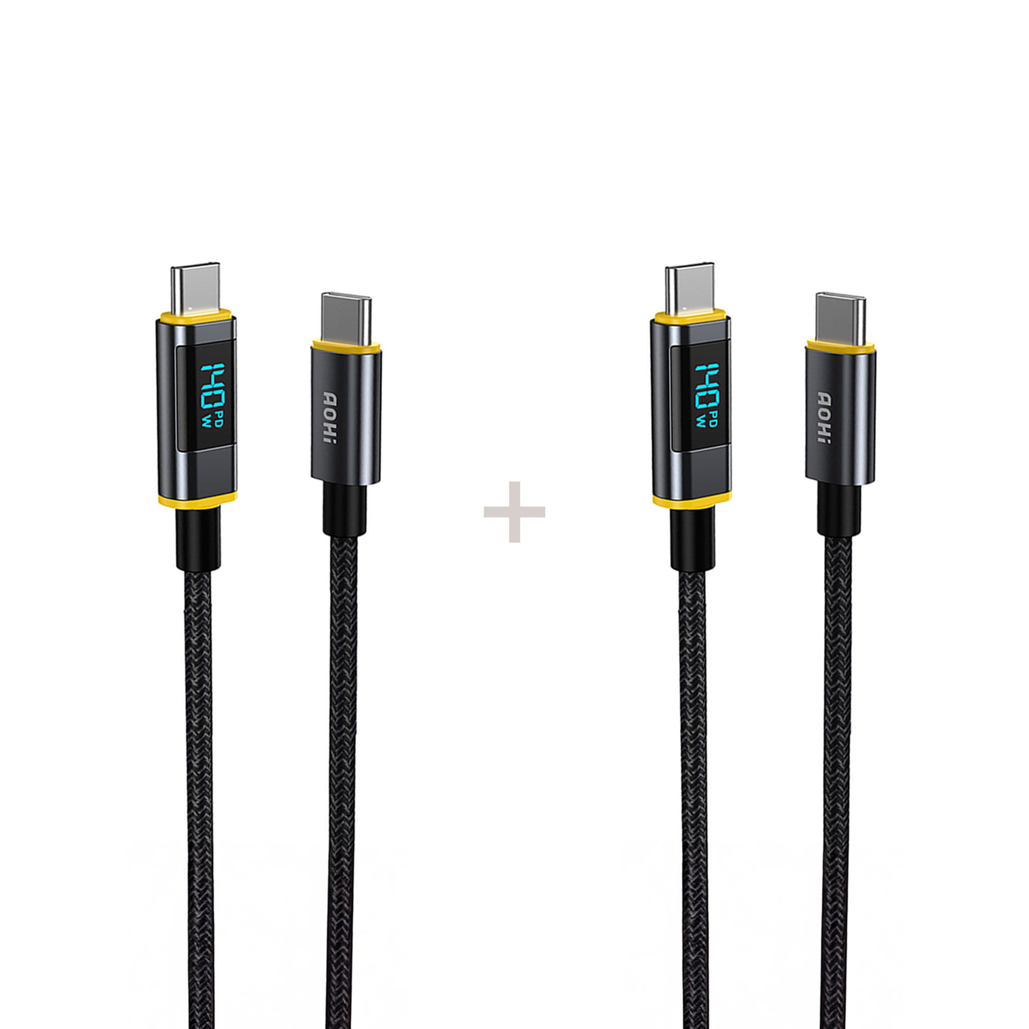 Dört siyah USB-C kablosu, her birinde 140W gösteren dijital ekran var. Kablolar beyaz zemin üzerinde, ortada bir artı işareti.
