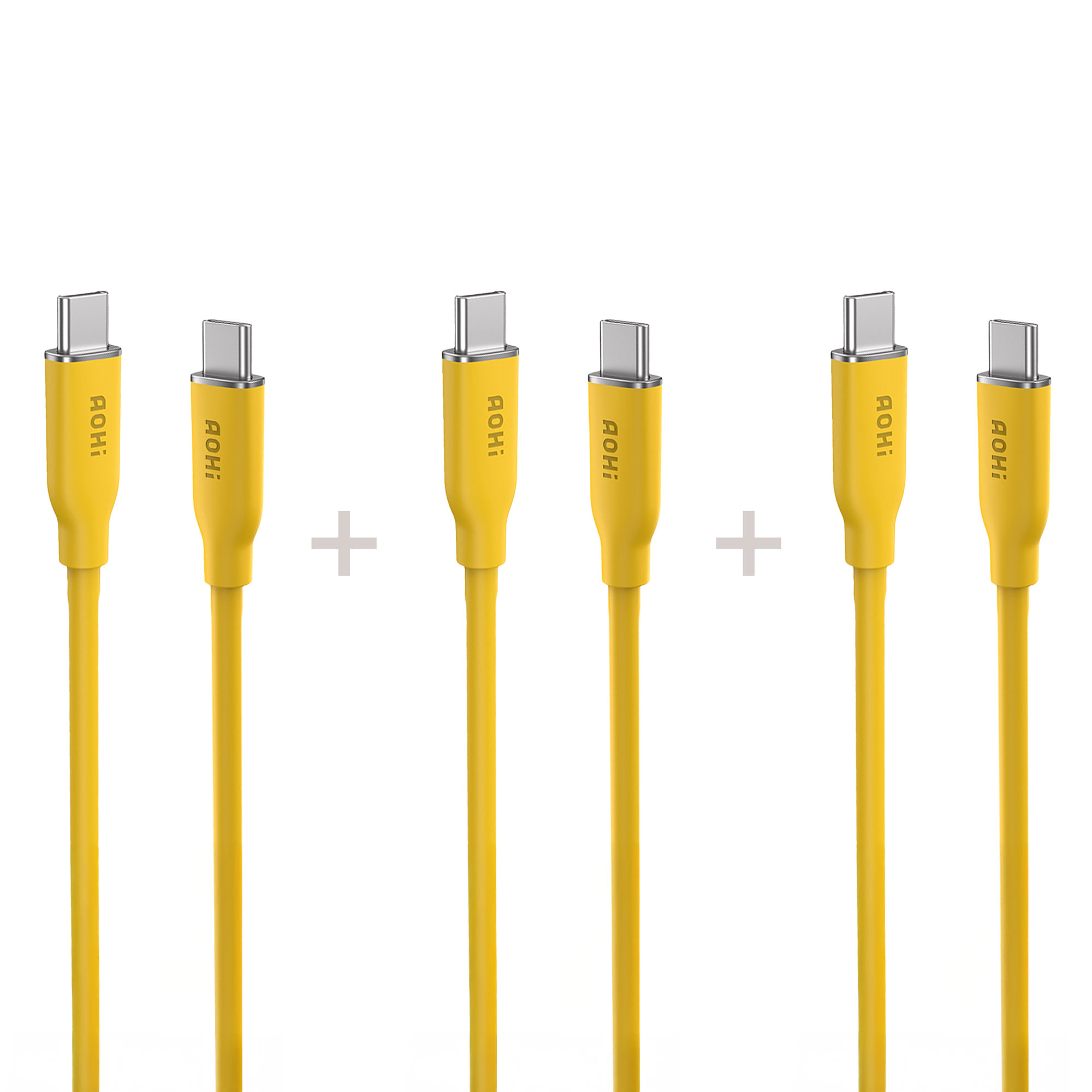 Görüntü, beyaz bir arka plan üzerinde artı işareti şeklinde düzenlenmiş altı sarı USB-C kablosunu gösteriyor. Her kabloda AOHI marka adı basılıdır.