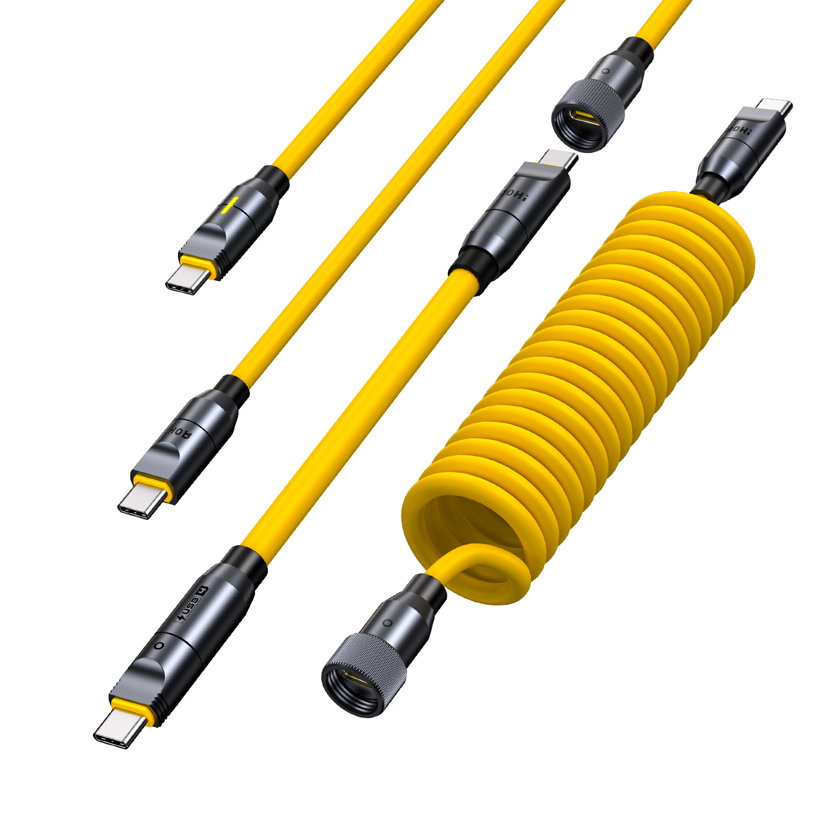 Beyaz zemin üzerinde, siyah ve gümüş konektörlü, spiral dahil sarı USB-C kabloları.