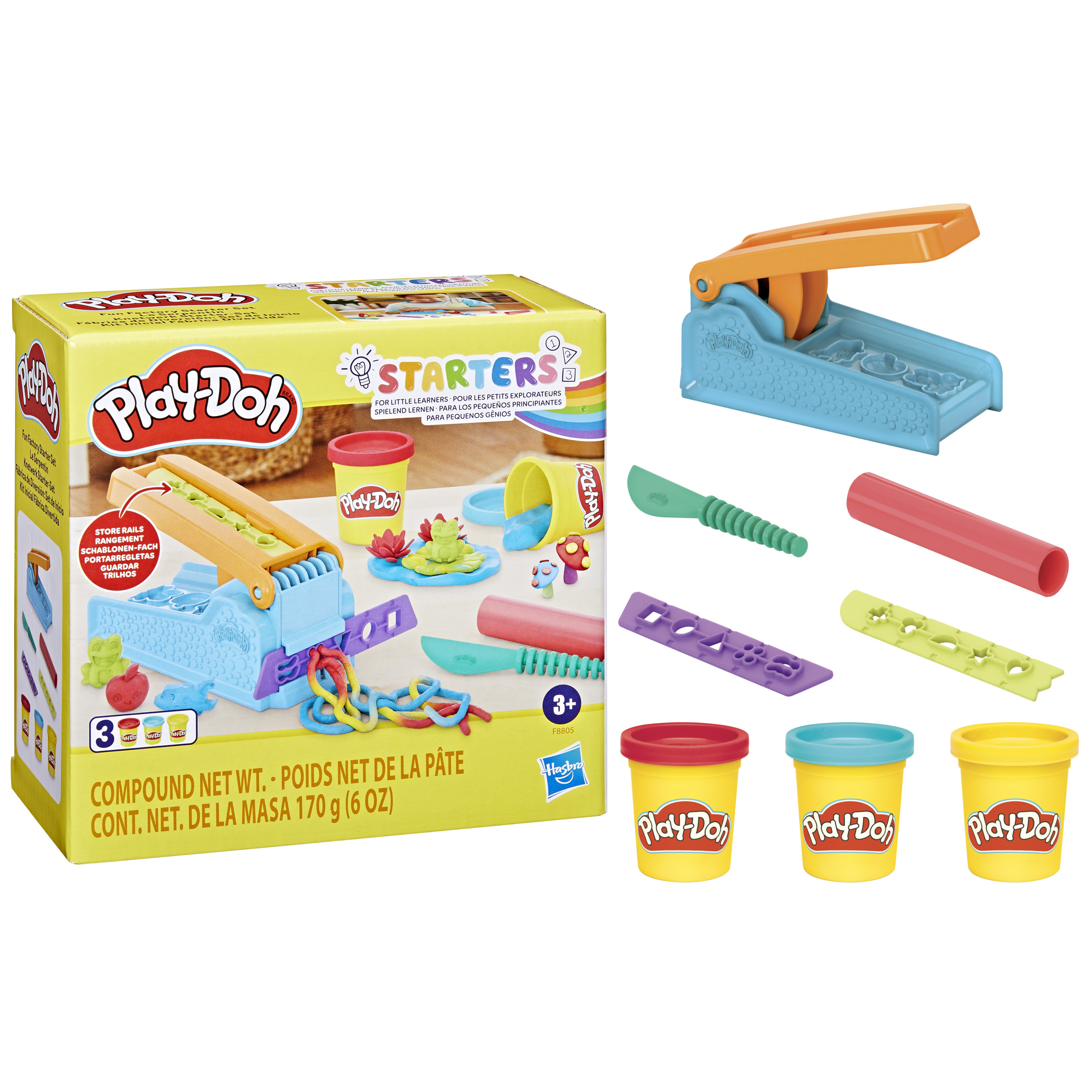 Set de Play-Doh con herramientas, moldes y plastilina colorida. La caja muestra ejemplos de creaciones. Incluye una prensa y cortadores.