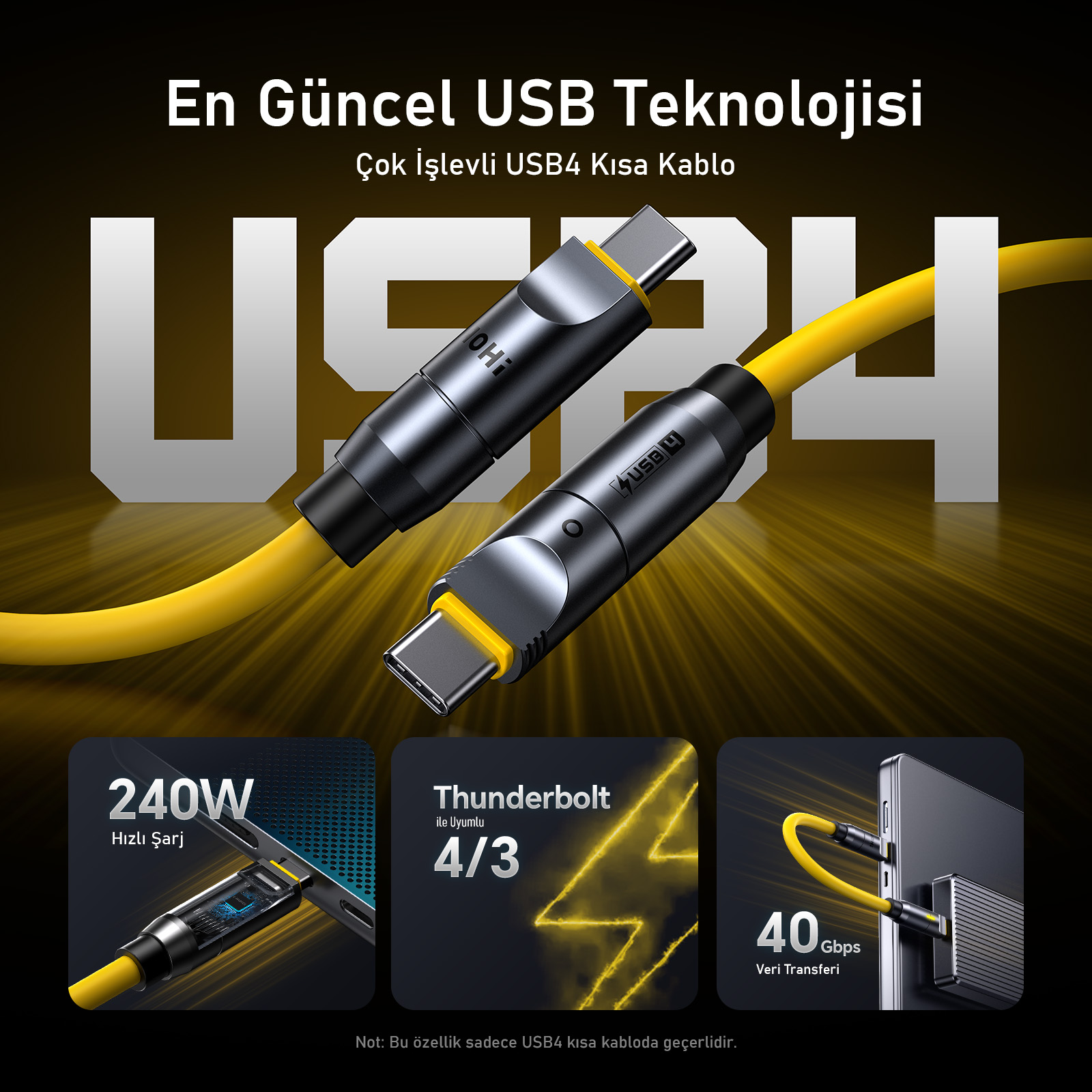 Görsel, 240W hızlı şarj, Thunderbolt 4/3 uyumluluğu ve 40 Gbps veri aktarımı özelliklerine sahip bir USB4 kablosunu gösteriyor.