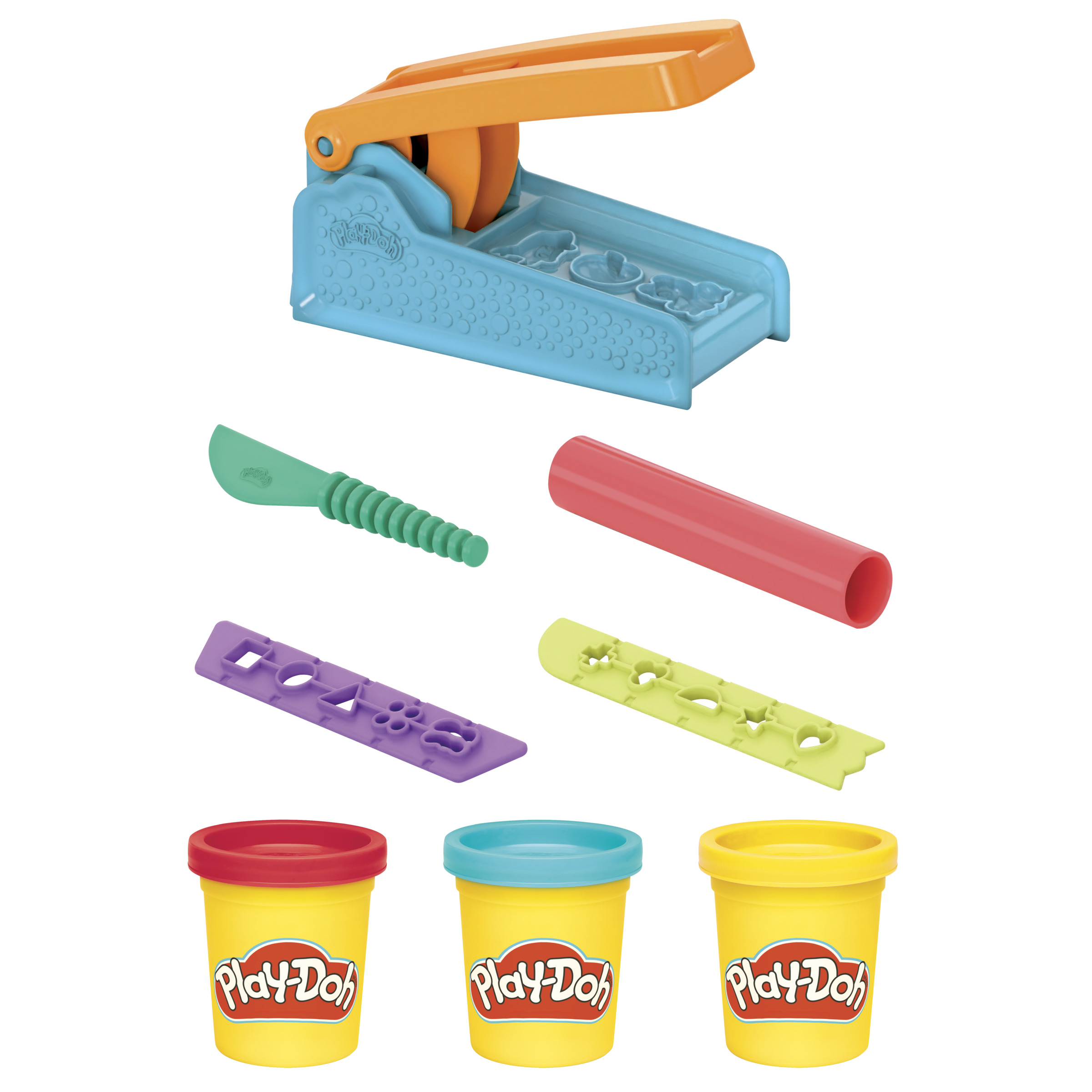 Set de Play-Doh con una prensa, cortadores, herramientas y tres botes amarillos con tapas de diferentes colores. Fondo blanco.