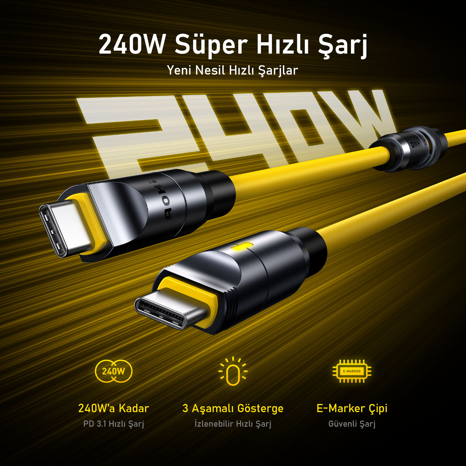 "240W Süper Hızlı Şarj" yazılı iki sarı USB-C kablosu gösteren bir görsel. Siyah ve sarı renk şeması.