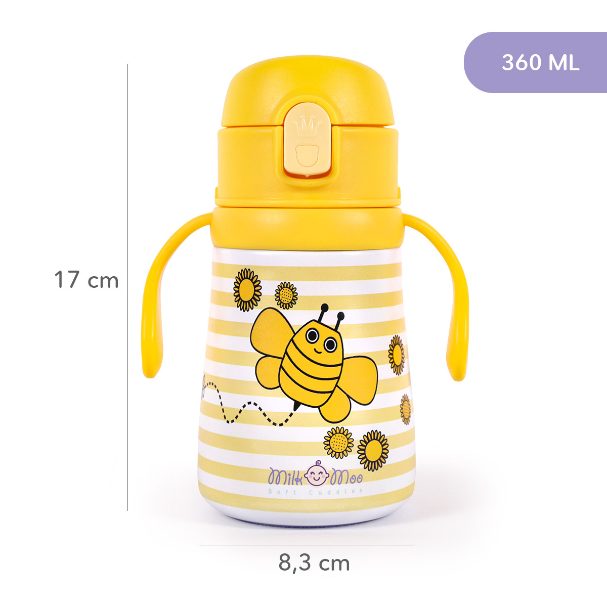 Botella de agua a rayas amarillas y blancas con diseño de abeja. Tiene dos asas, tapa abatible y mide 17 cm de alto y 8,3 cm de ancho.
