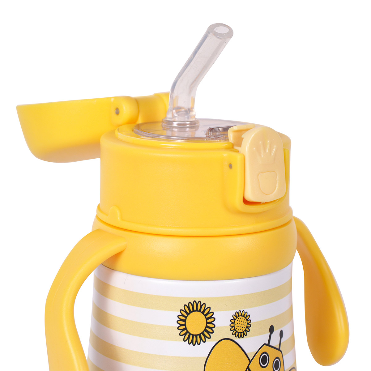 Biberón para bebé a rayas amarillas y blancas con pajita. Presenta un diseño de abeja y girasol.