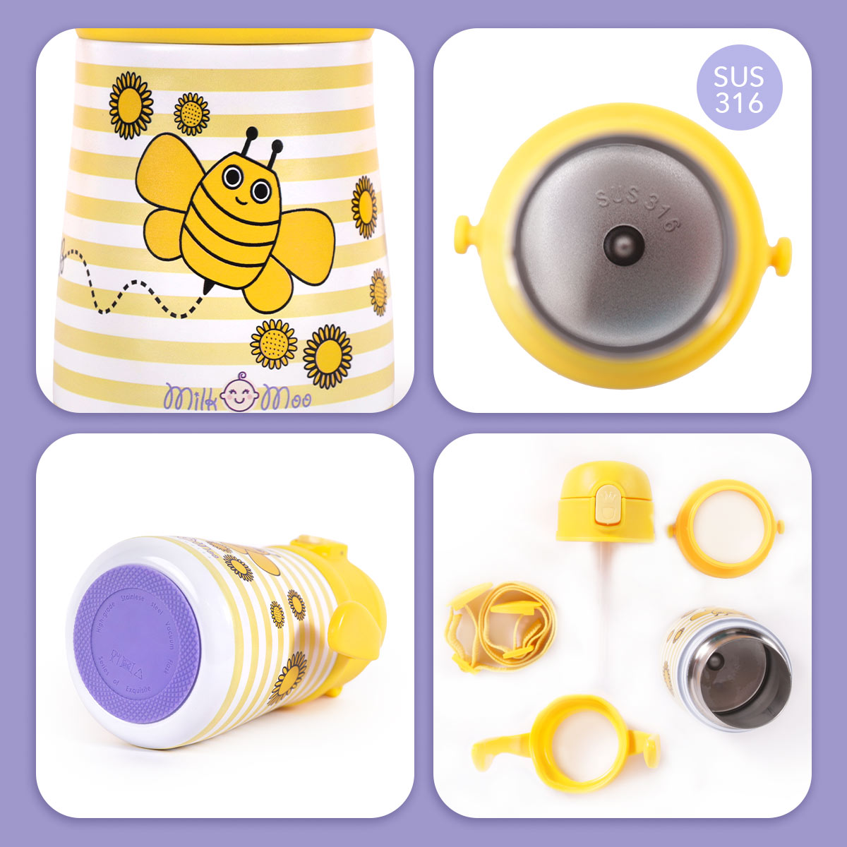 Cuatro imágenes de una botella a rayas amarillas y blancas con diseño de abeja. Los componentes incluyen tapa, asa y correa.