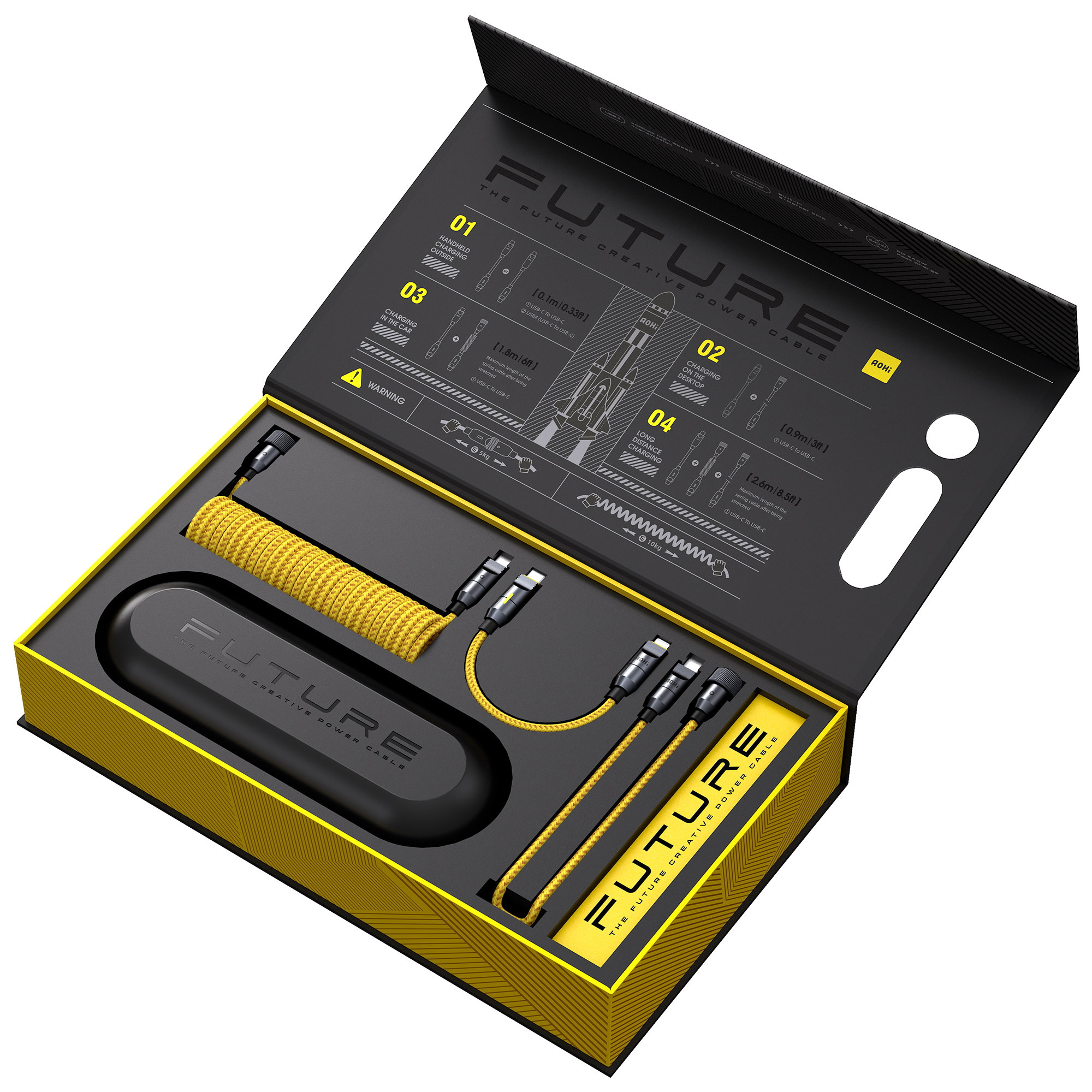 Sarı sarmal kablo, siyah kasa ve USB kabloları ile açık kutu. Metin: Future Creative Power Cable.