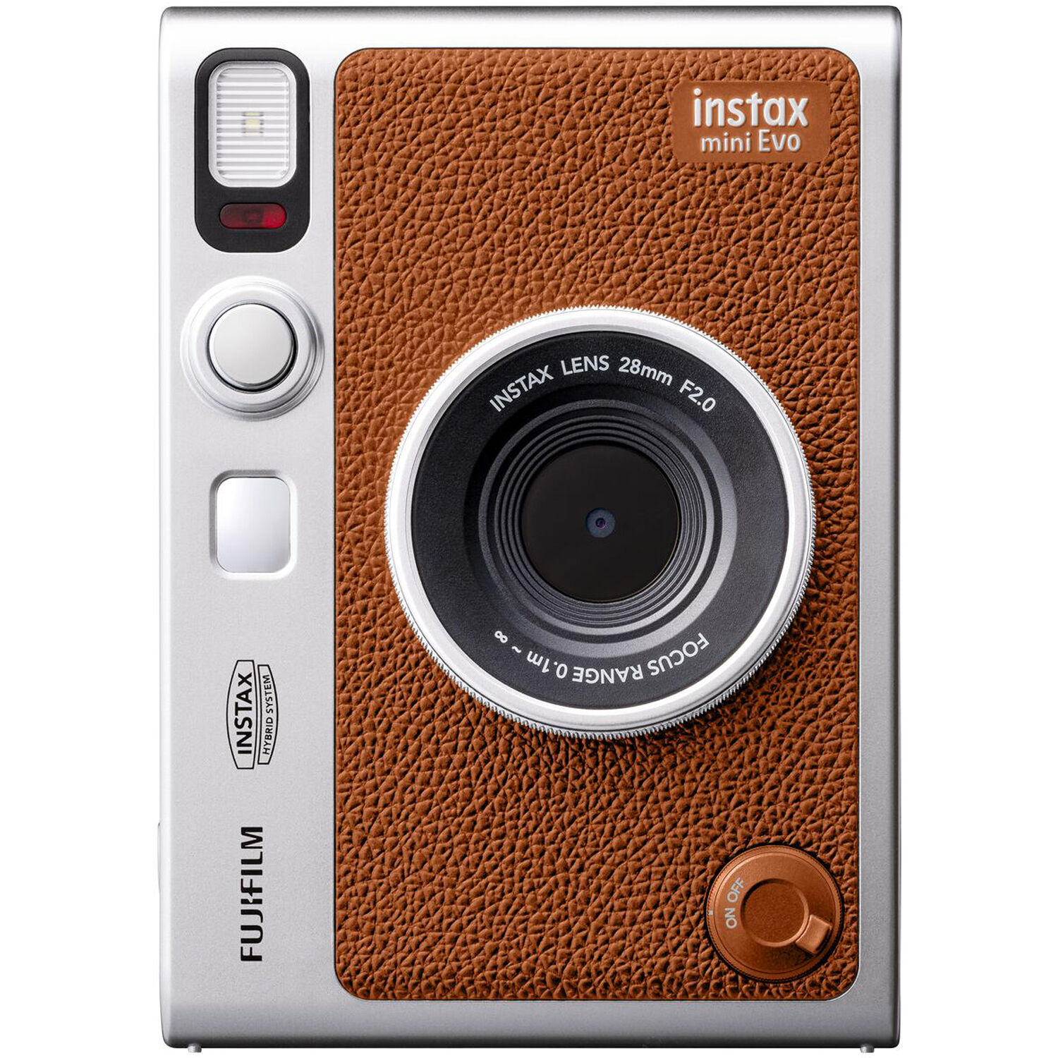 Gümüş ve kahverengi bir Instax Mini Evo kamera. Lens, flaş ve açma/kapama düğmesi var. Kamerada Instax ve Fujifilm yazıyor.