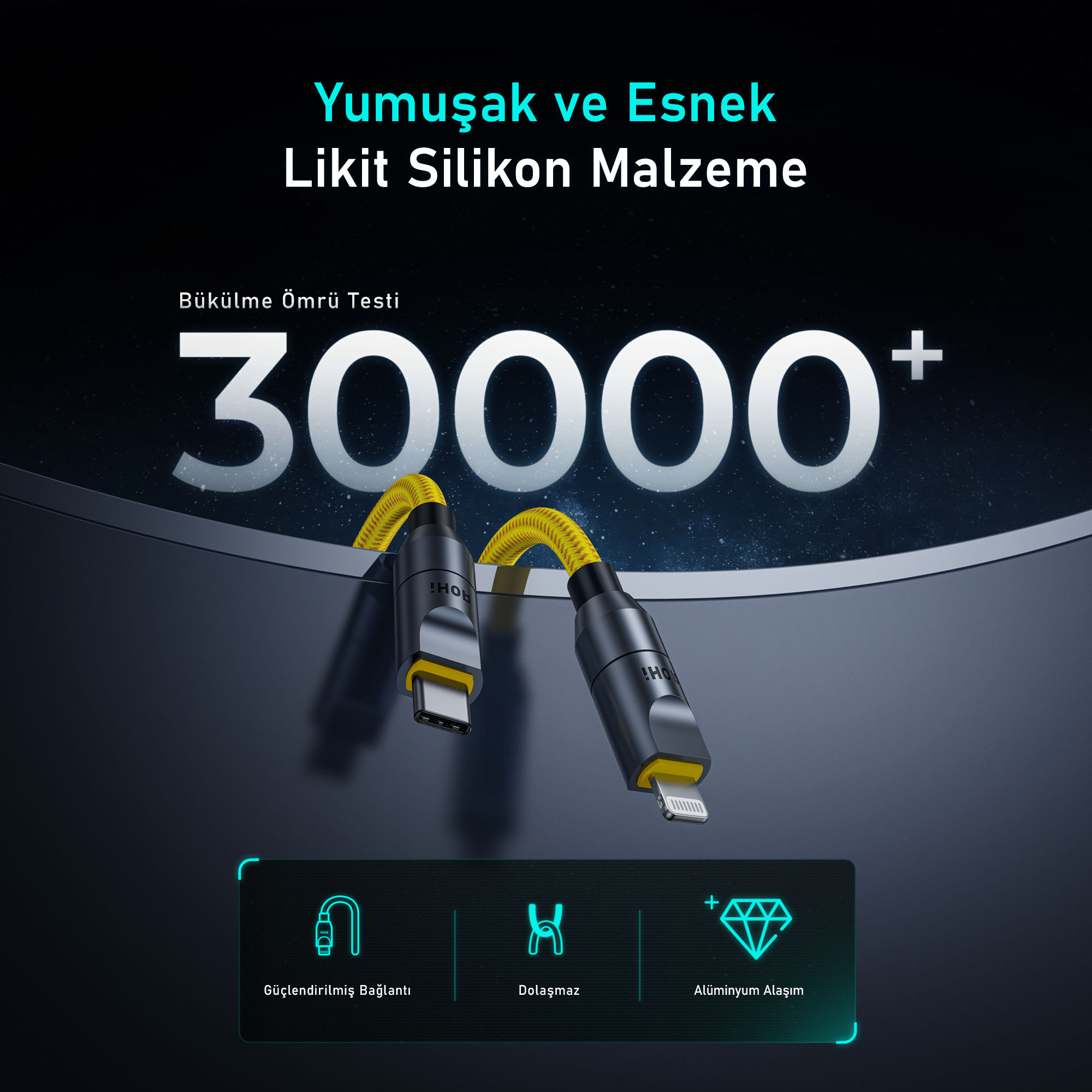 Görselde esneklik ve dayanıklılık hakkında metin içeren siyah ve sarı bir şarj kablosu var. Arka plan karanlık.