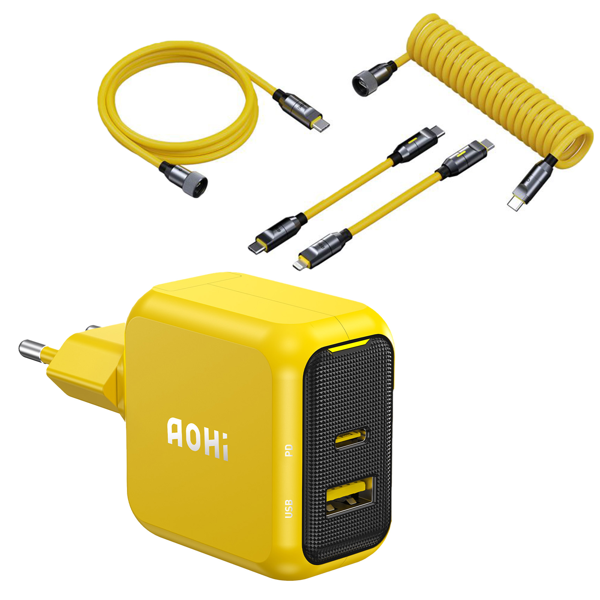 AOHI Magcube 240W 480Mbps PD 3.1 MFI Lisanslı Süper Hızlı Şarj Kablosu ,67W 2 Portlu Şarj Adaptörü Sarı