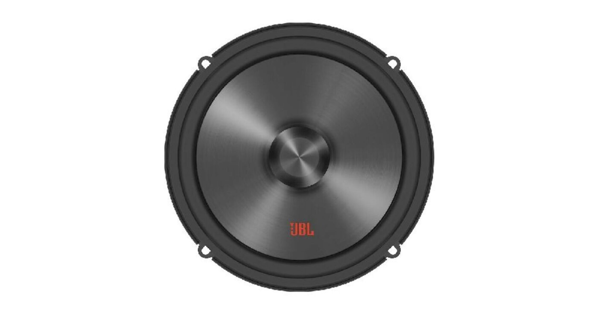 Ein runder, schwarzer JBL-Lautsprecher. Der Lautsprecher hat einen silbernen Konus und das JBL-Logo in Orange.