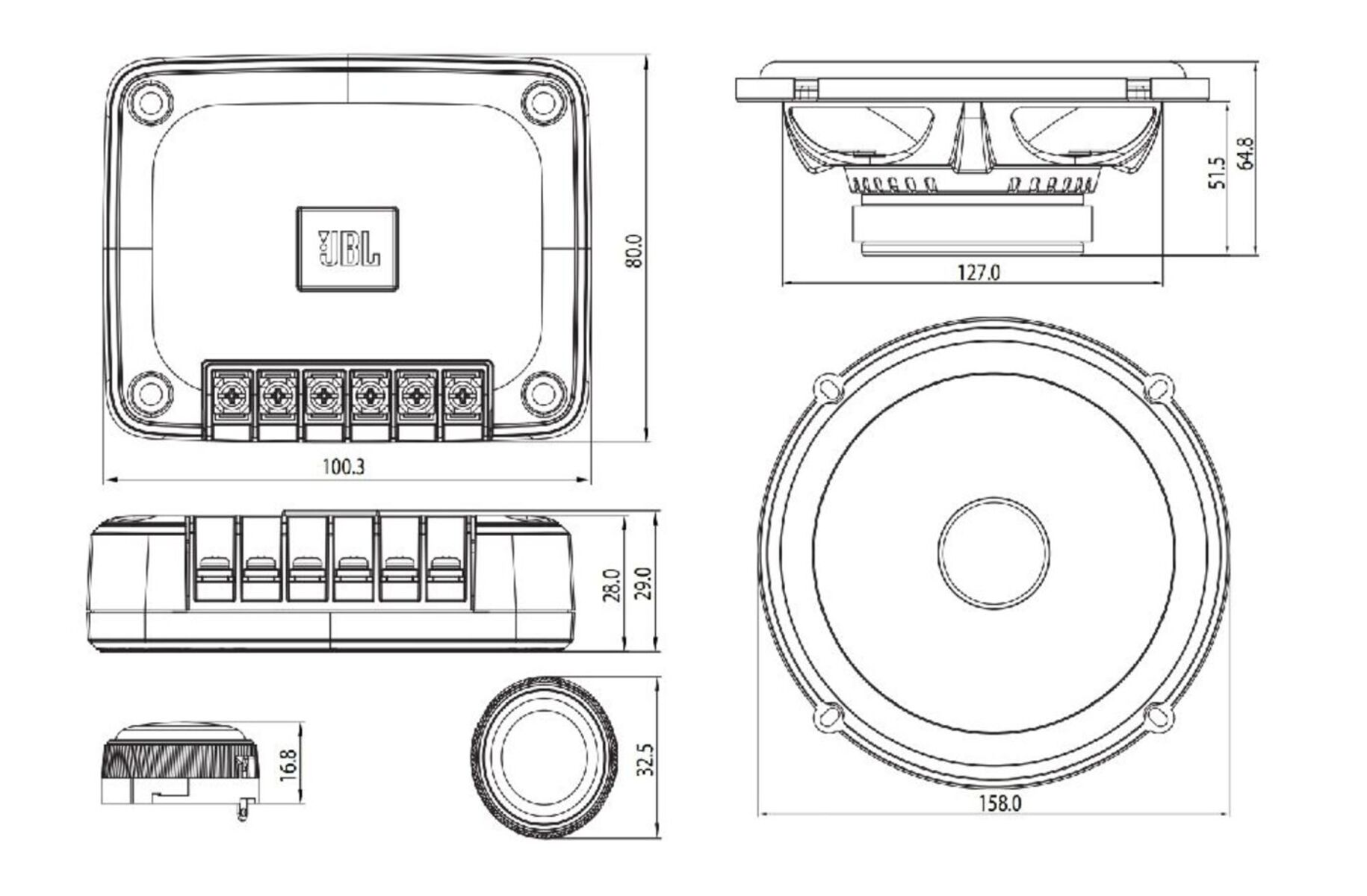 Diagramm von JBL-Audiokomponenten, das Draufsicht, Seitenansicht und Vorderansicht mit Abmessungen in mm zeigt. Enthält einen Verstärker und einen Lautsprecher.