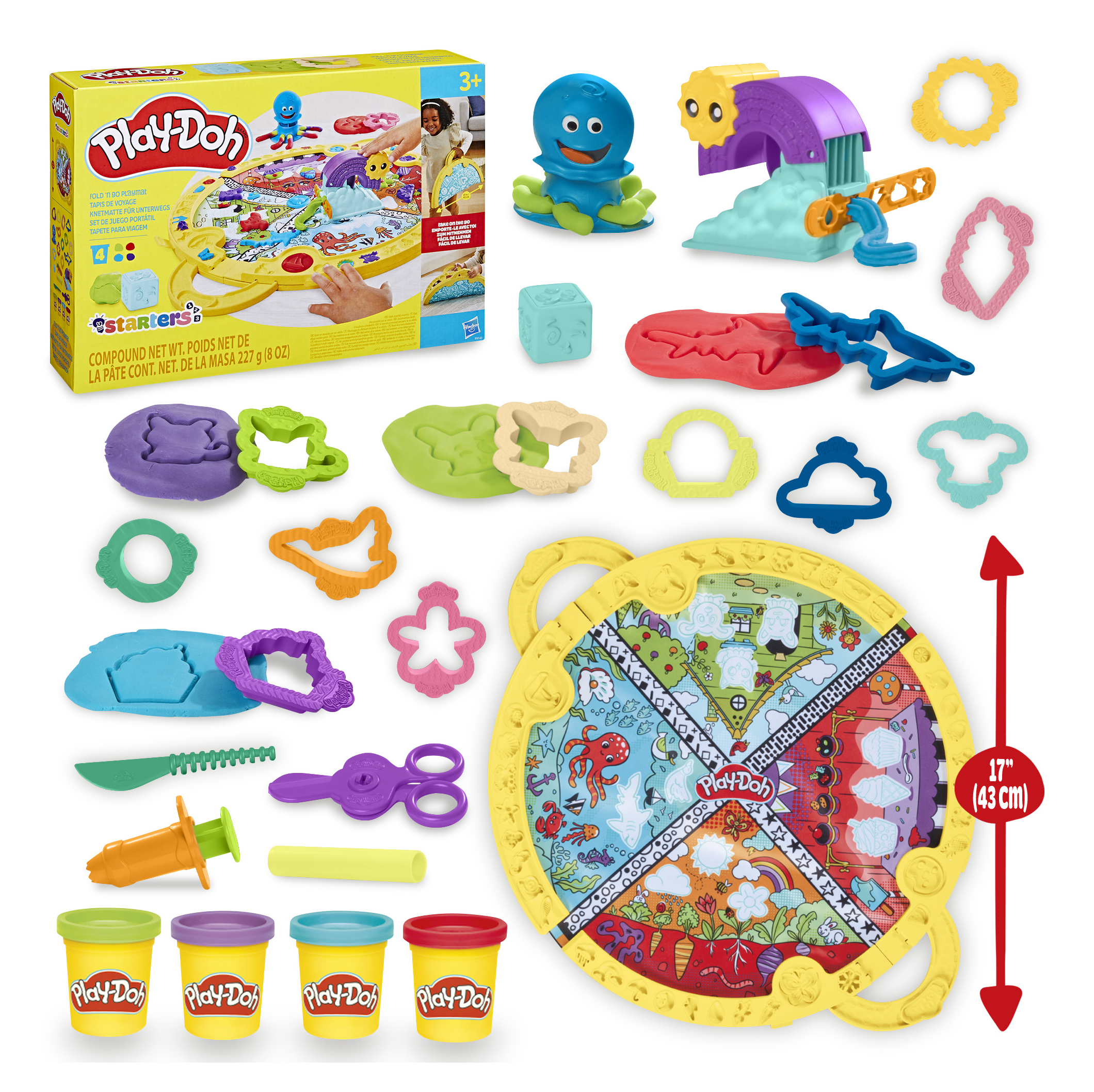 Set de Play-Doh con tapete amarillo, moldes coloridos y masa. Incluye pulpo, herramientas y recipientes. Caja muestra el set.