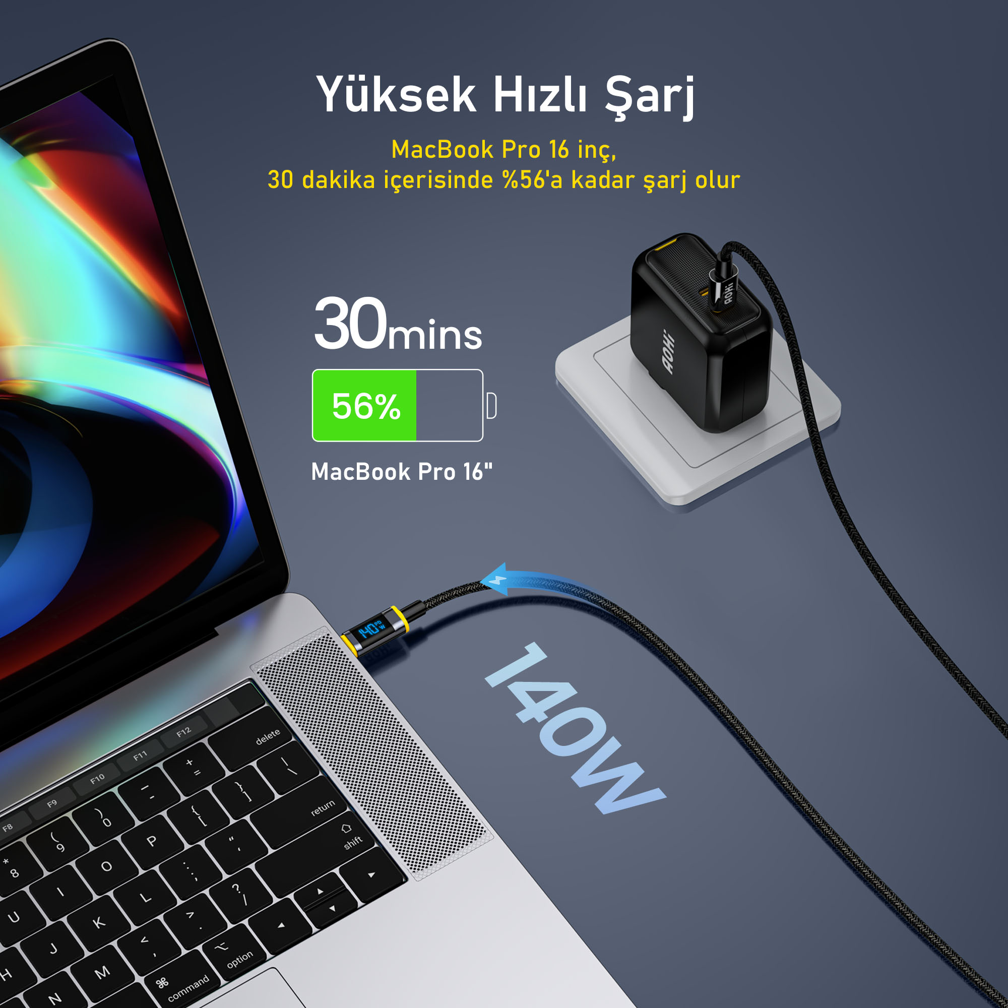 Şarj aleti olan bir dizüstü bilgisayar. Ekranda bir şarj simgesi ve "140W" metni görüntüleniyor. Şarj aleti takılı.