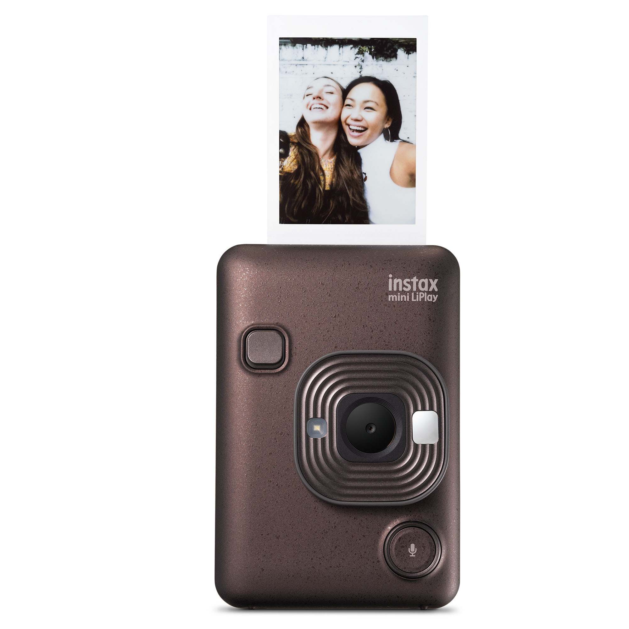 İki gülümseyen kadının fotoğrafının bulunduğu kahverengi bir Instax Mini LiPlay fotoğraf makinesi. Fotoğraf makinenin üstünde.