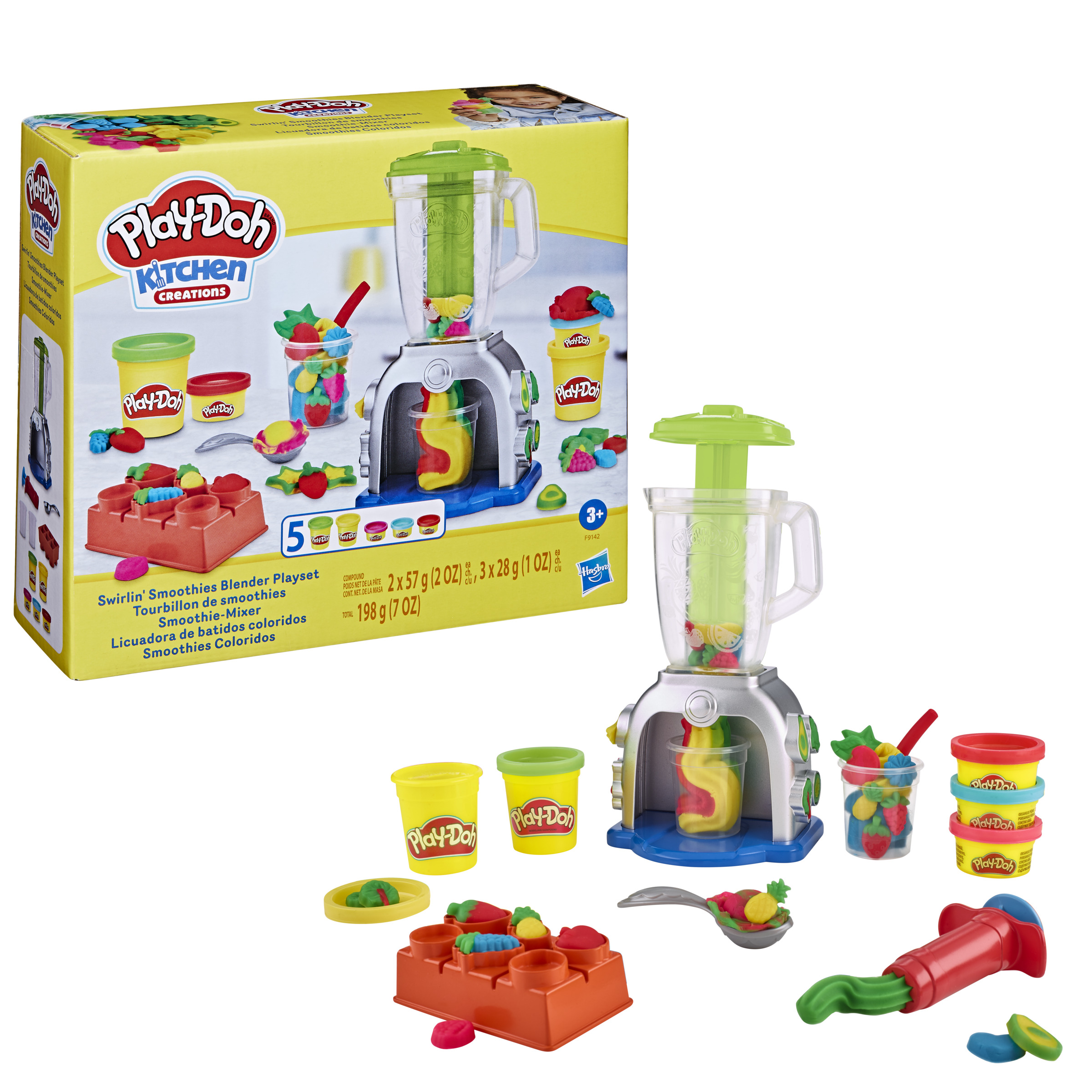 Juego de licuadora de batidos Play-Doh con botes de Play-Doh, comida de juguete y licuadora.