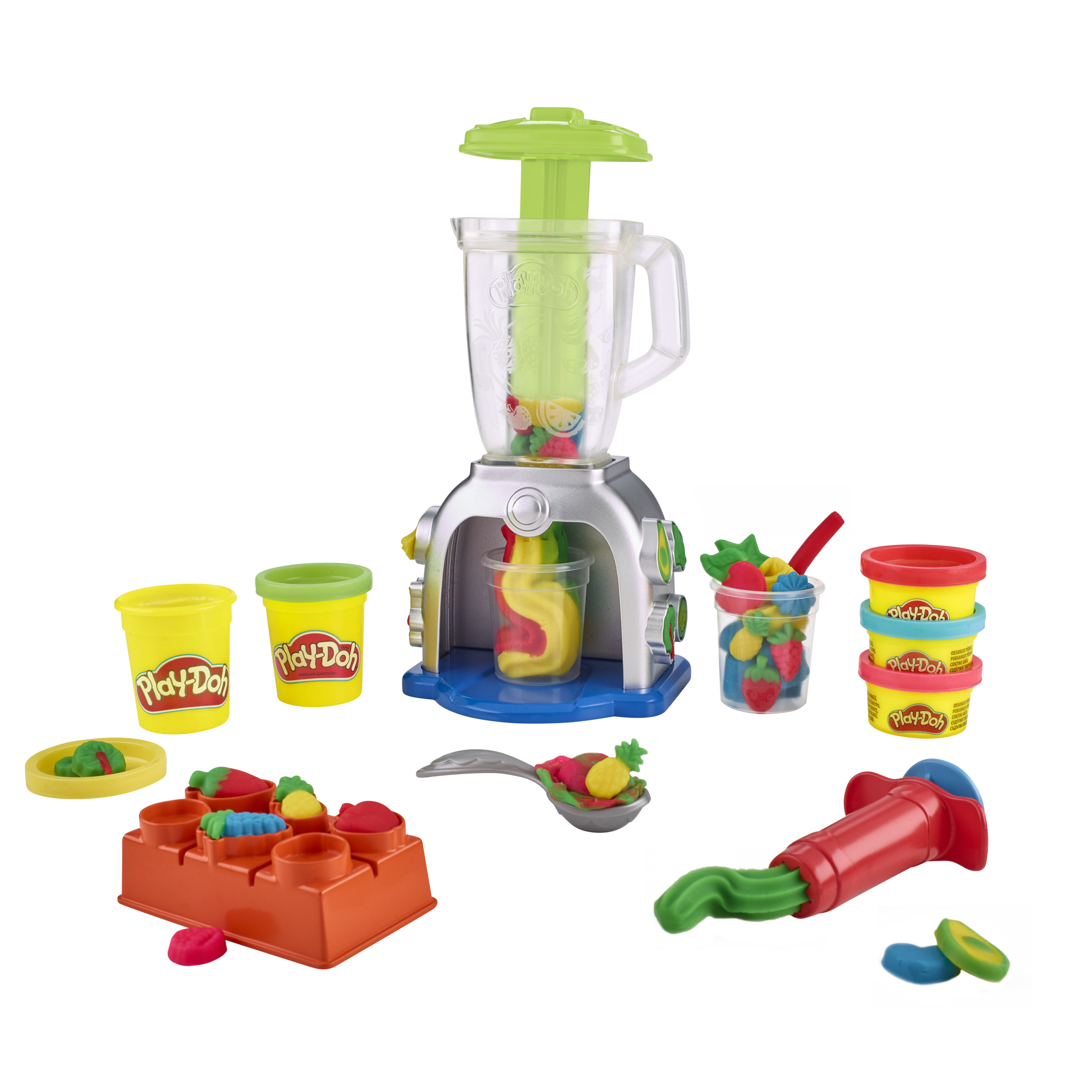 Un juego de batidora Play-Doh. Incluye una batidora, plastilina y varios moldes y accesorios con forma de fruta.