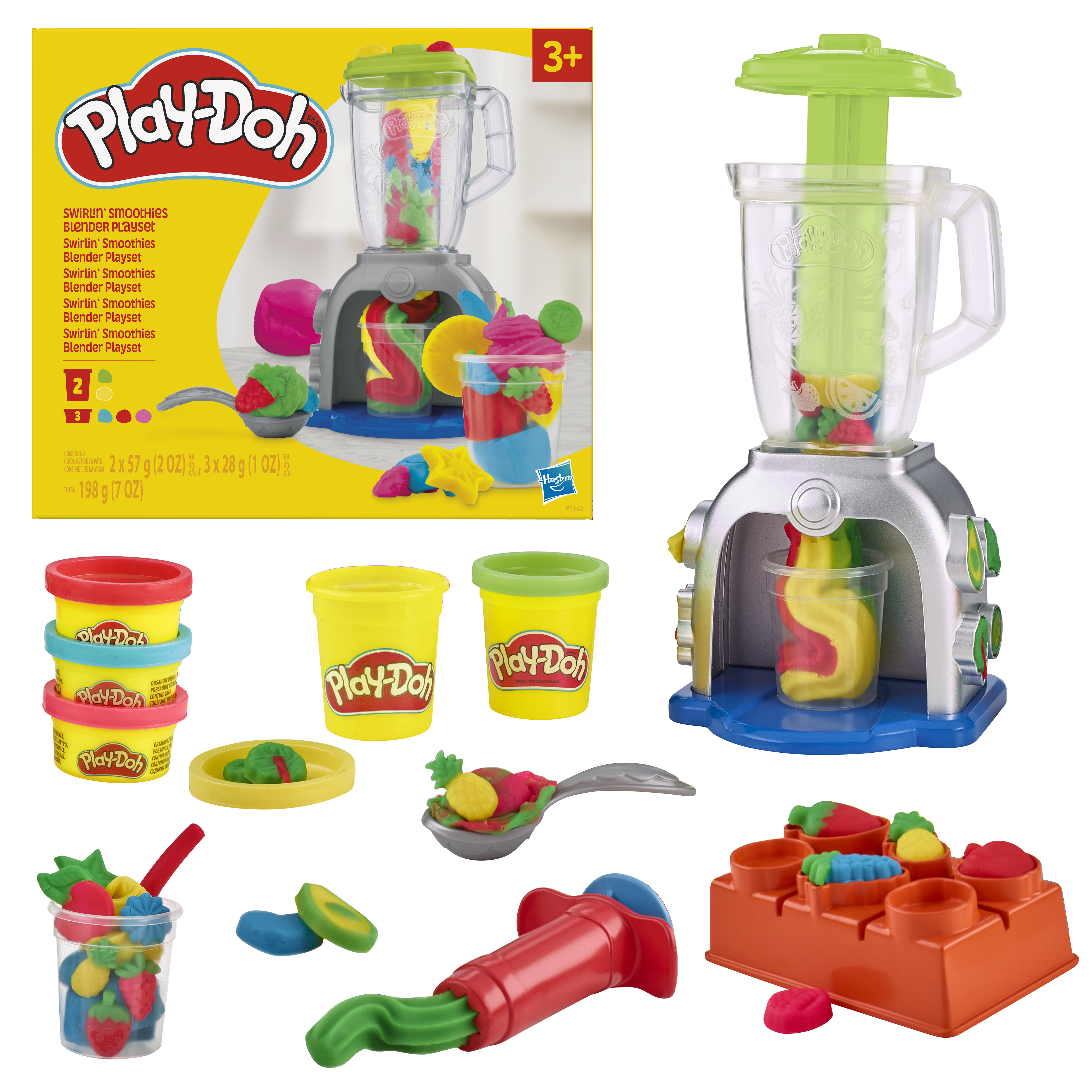 Juego de batidora Play-Doh. Se ven la batidora, la plastilina y los accesorios. La caja muestra la batidora y la plastilina.