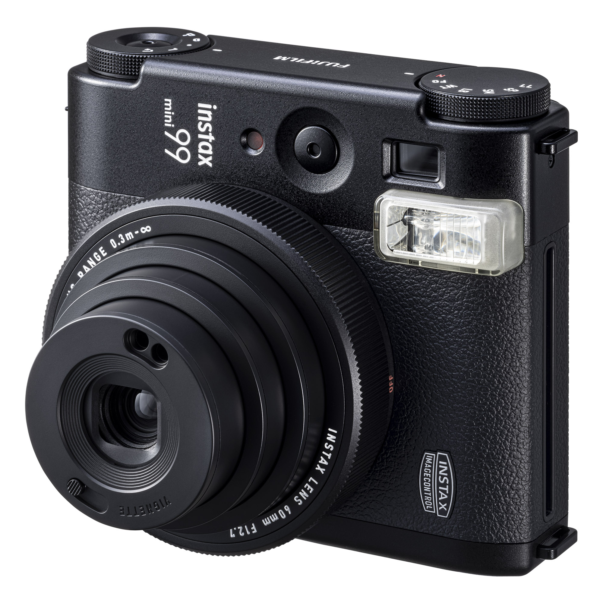 Siyah bir Instax Mini 99 kamera, bir lens, flaş ve çeşitli kontrol kadranları ile gösteriliyor.