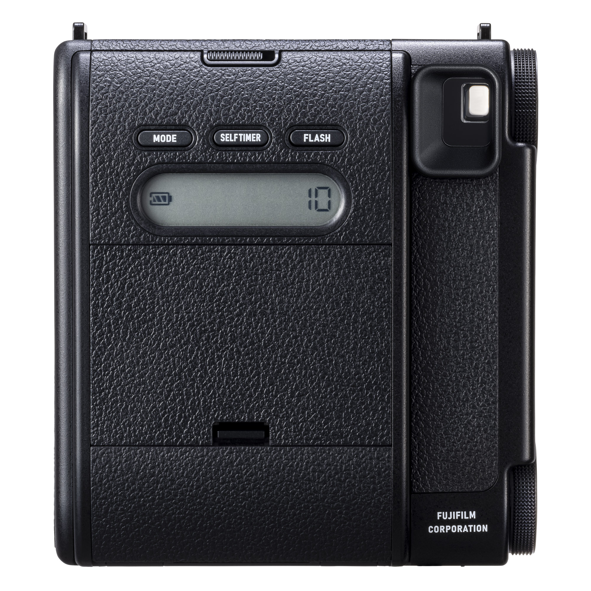Siyah Fujifilm Instax kamera. Düğmeler: Mod, Zamanlayıcı, Flaş. Ekran 10 gösteriyor. Dokulu yüzey. Fujifilm logosu.