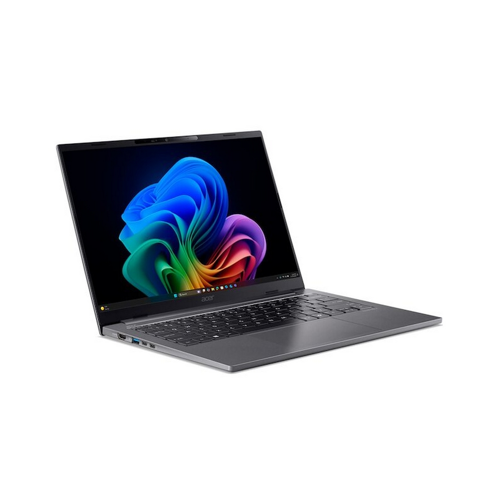 Un laptop Acer grigio è aperto, che mostra un'immagine astratta colorata sullo schermo, su uno sfondo bianco.