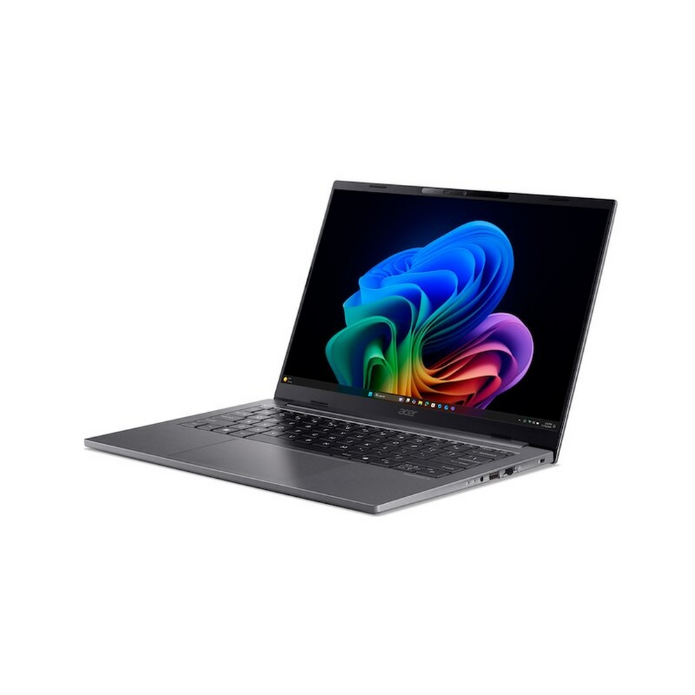 Un laptop Acer grigio è aperto, mostrando un'immagine astratta colorata sullo schermo. Il laptop è su uno sfondo bianco.