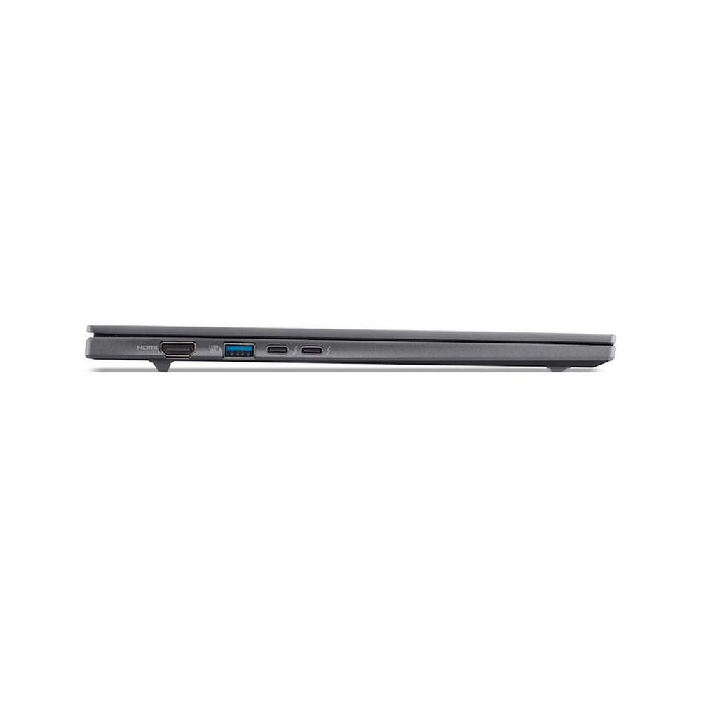 Vista laterale di un laptop grigio chiuso. Le porte visibili includono HDMI, USB e audio. Lo sfondo è bianco.