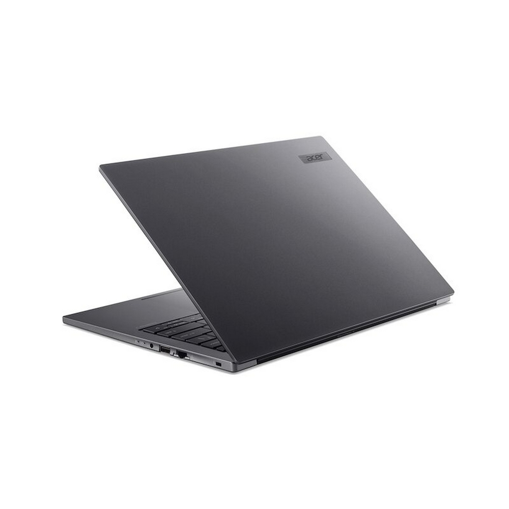Un laptop Acer grigio scuro è leggermente aperto, mostrando la tastiera. Il logo Acer è visibile sul coperchio. Lo sfondo è bianco.