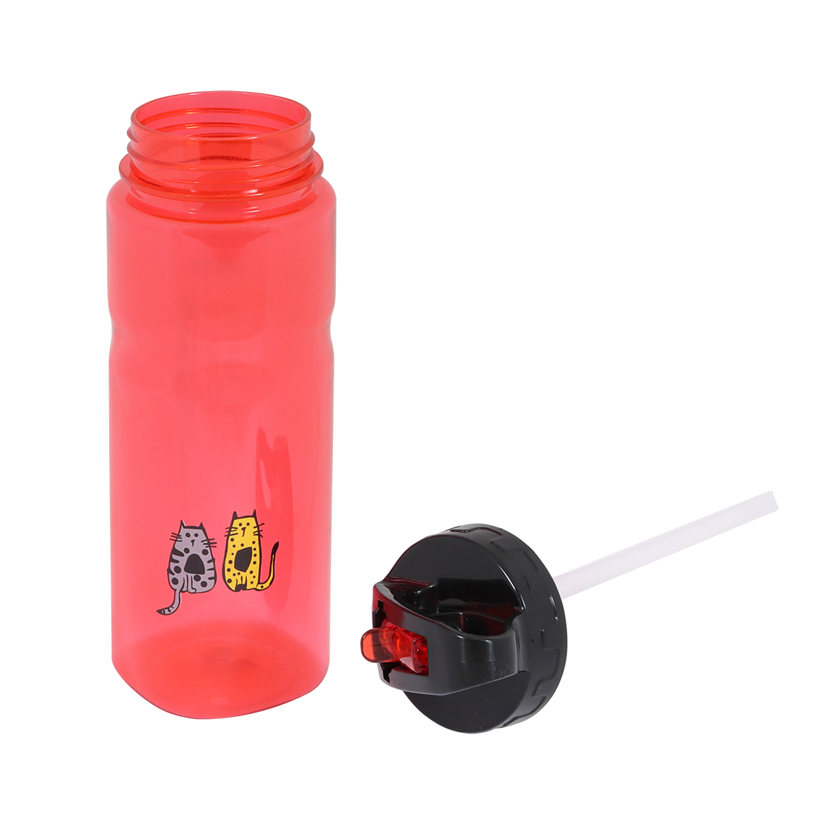 Kedi desenli kırmızı bir su şişesi ve pipetli siyah bir kapak. Şişe şeffaf, içindekiler görülebilir.