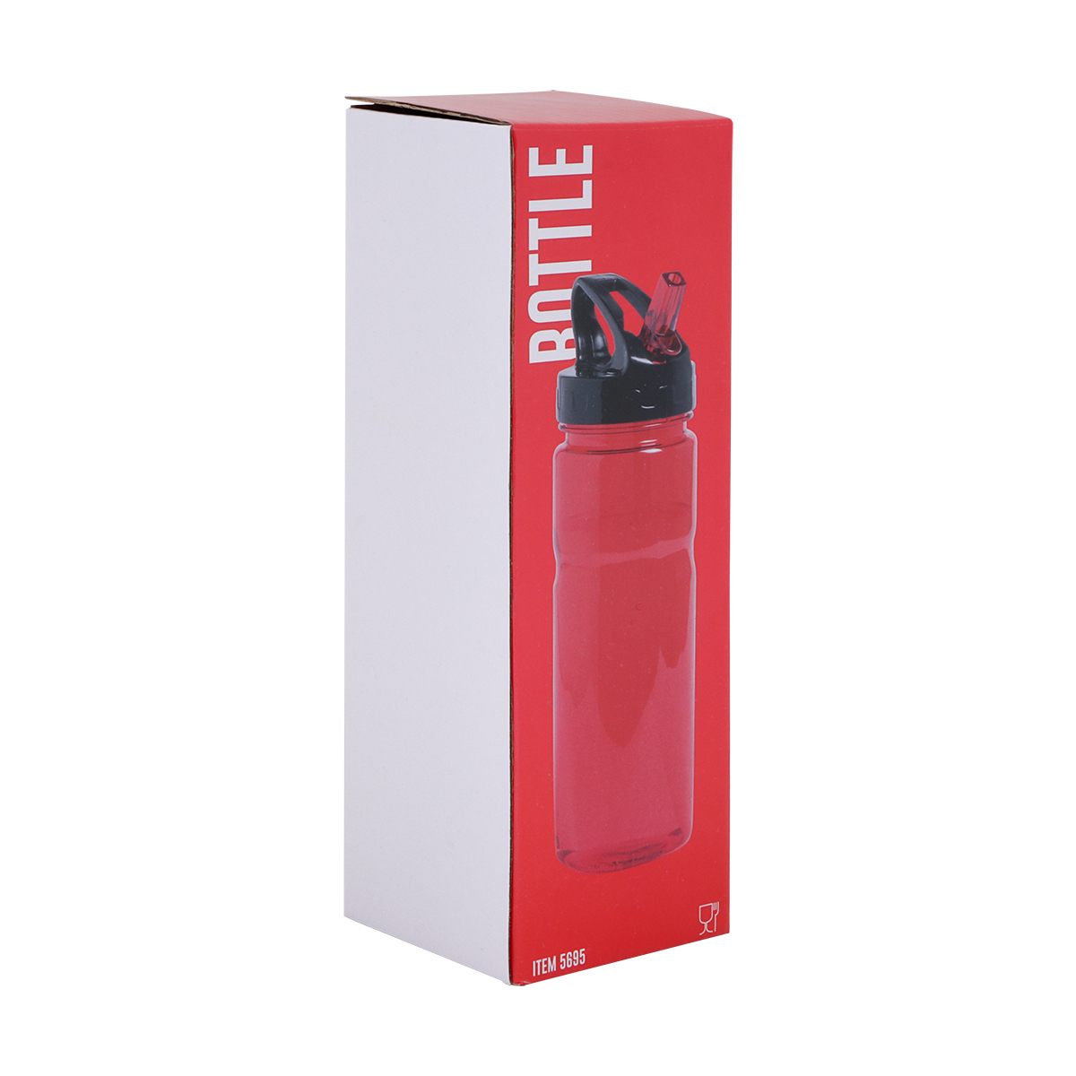 Siyah kapaklı ve pipetli kırmızı bir su şişesi bir kutunun içinde sergileniyor. Kutu, BOTTLE kelimesiyle beyaz ve kırmızı bölümlere sahip.
