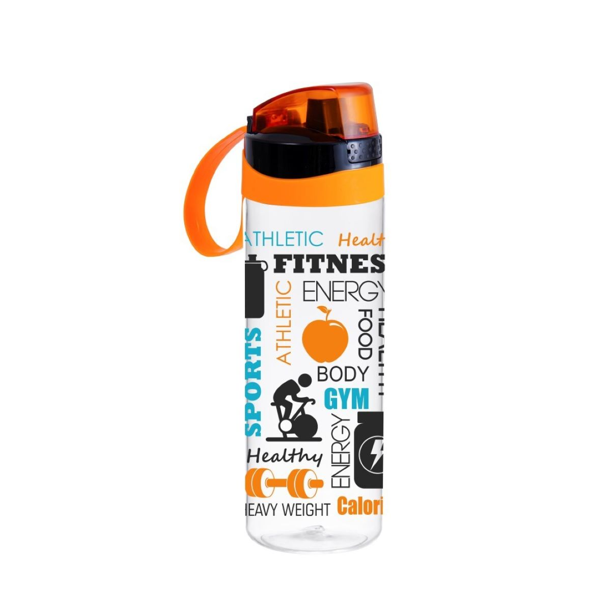 Turuncu kapaklı ve saplı şeffaf bir su şişesi. Üzerinde elma ve ağırlıklar gibi fitness ile ilgili sözcükler ve simgeler basılıdır.