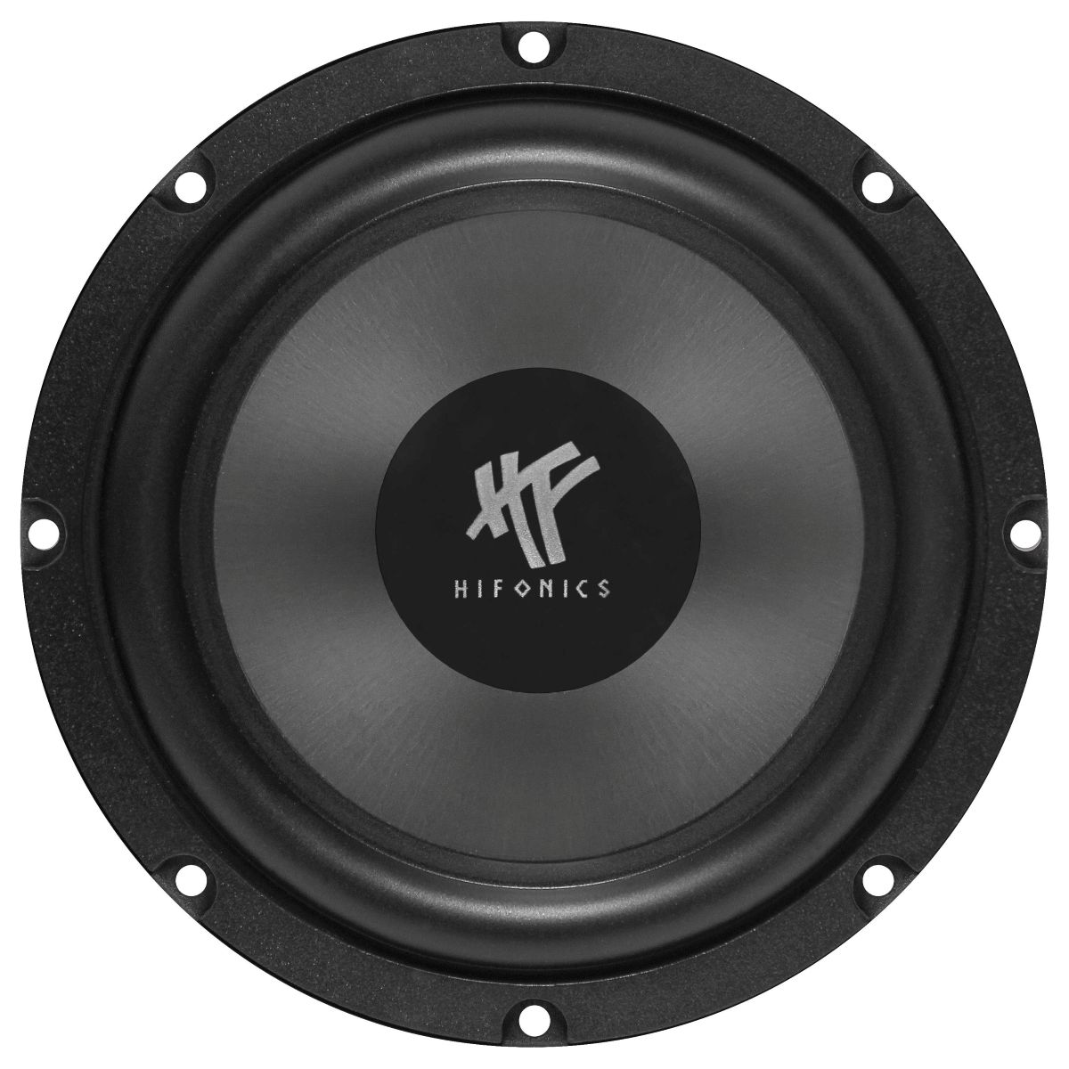 Nahaufnahme eines HIFONICS-Subwoofers. Er hat einen schwarzen Rand und einen grauen Konus. In der Mitte befindet sich das HIFONICS-Logo in Weiß.
