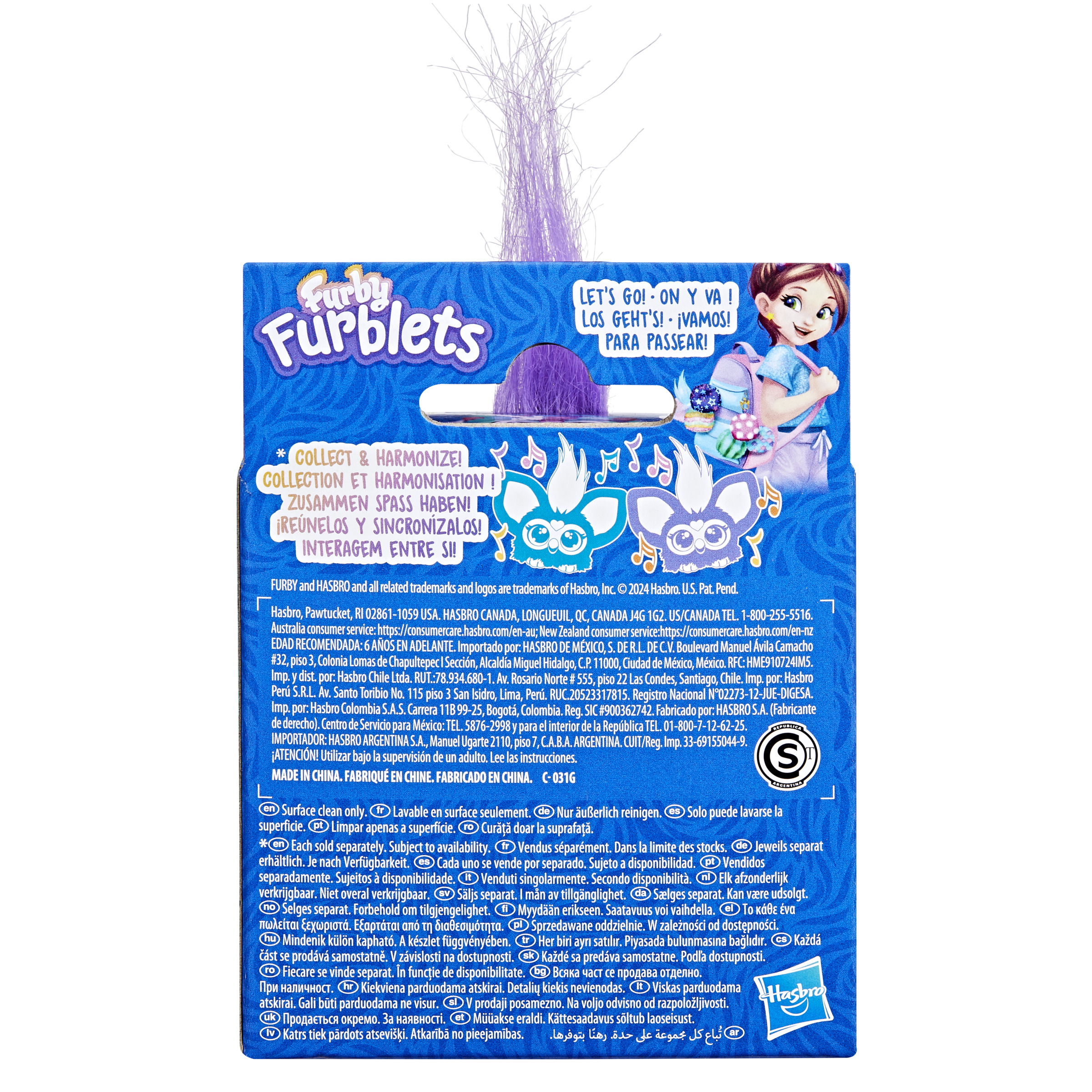 Paquete de producto con juguete morado y niña de dibujos animados.