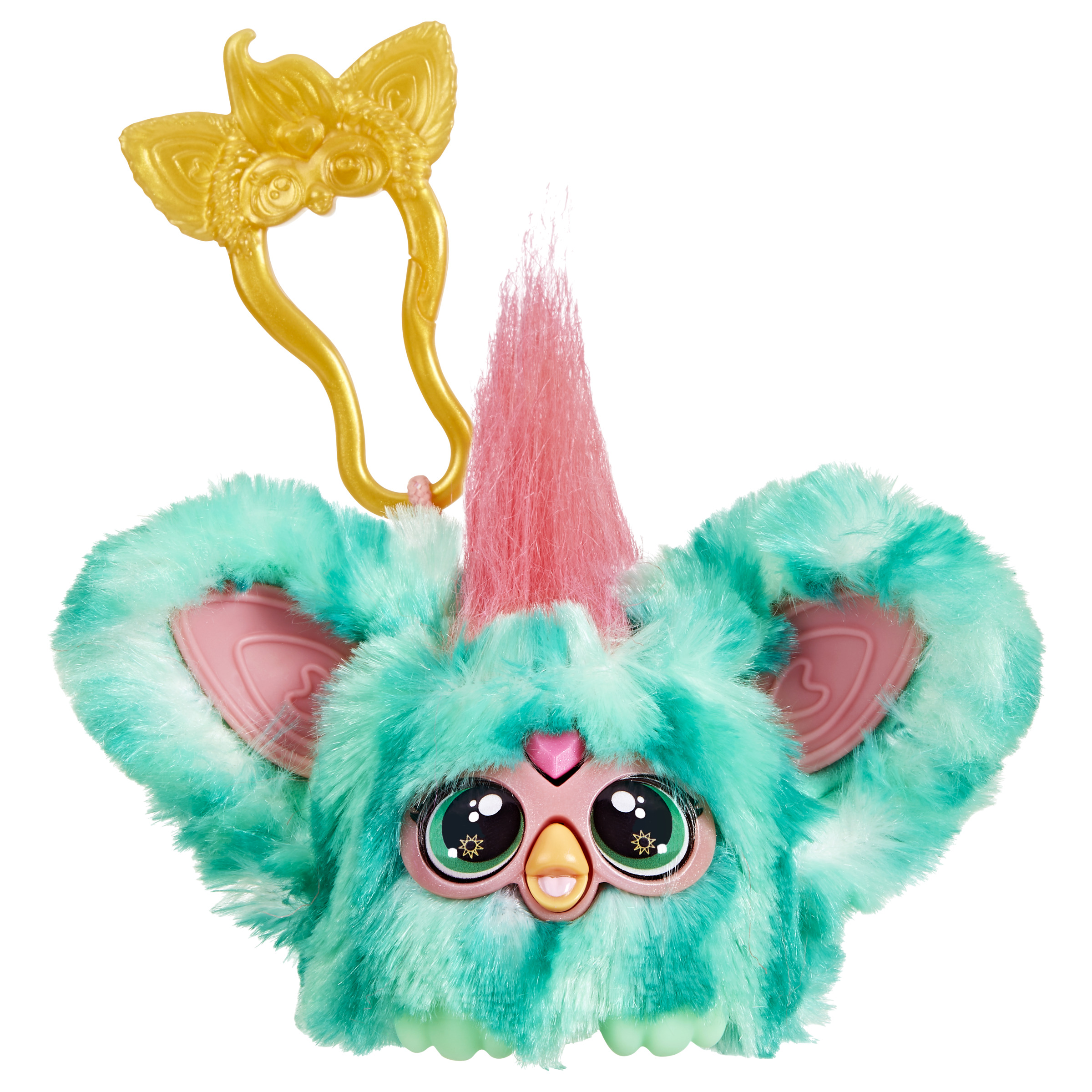 Un juguete Furby turquesa con pelo y orejas rosas, un llavero dorado y ojos grandes. El fondo es blanco.