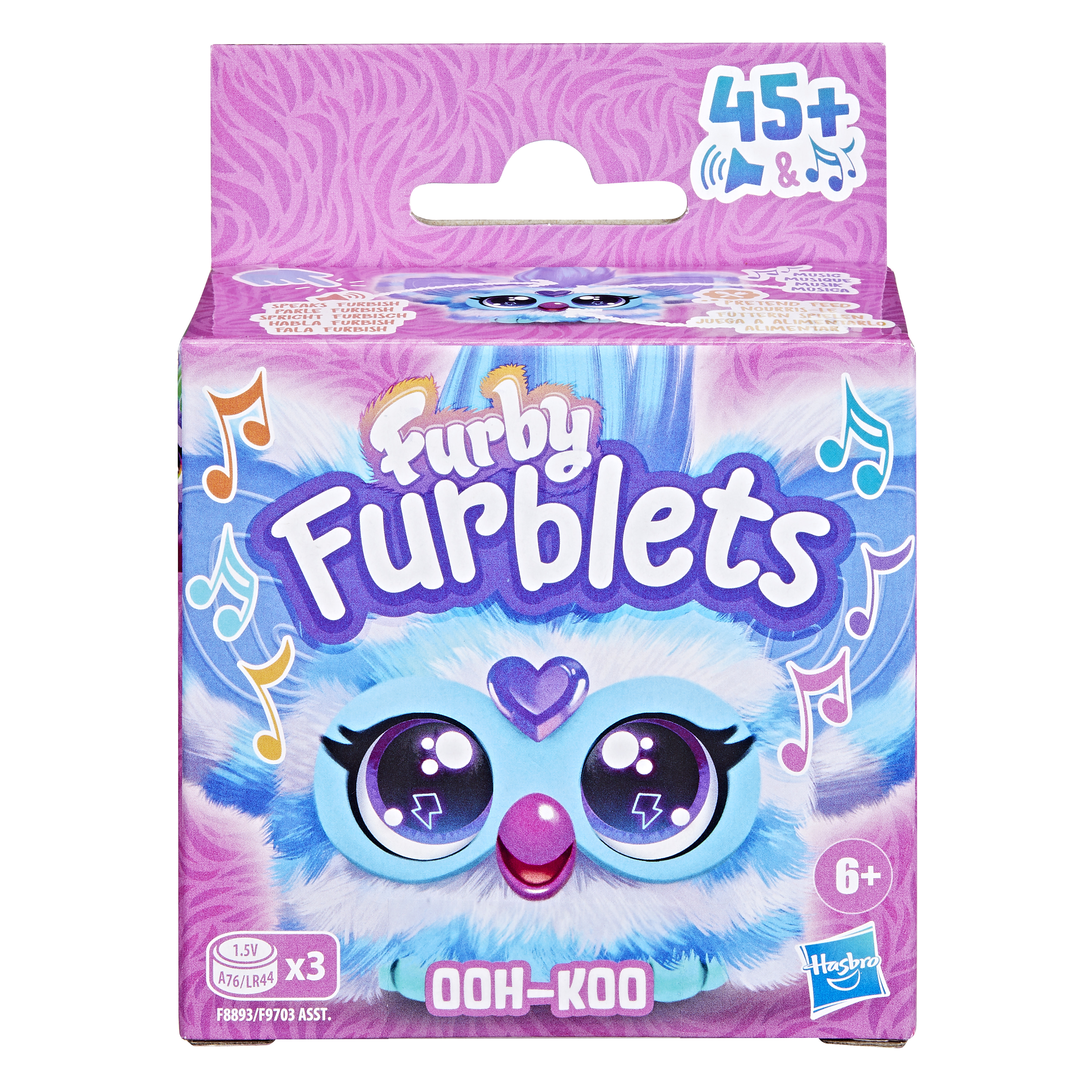 Caja del juguete Furby Furblets. Presenta un Furby azul y blanco con la palabra "OOH-KOO".
