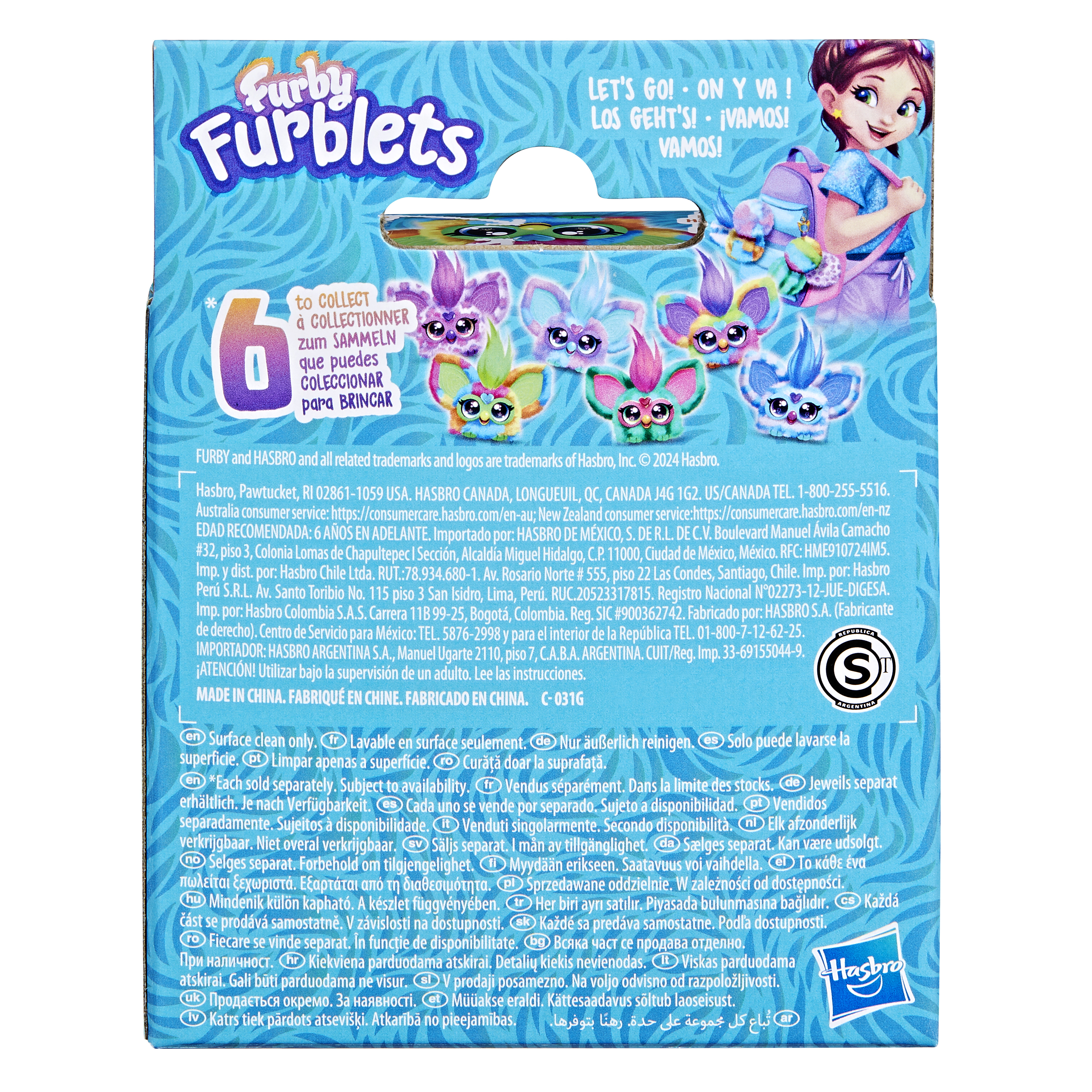 Arte de caja con personajes Furby. Texto incluye 'Let's go!' y 'To collect'.