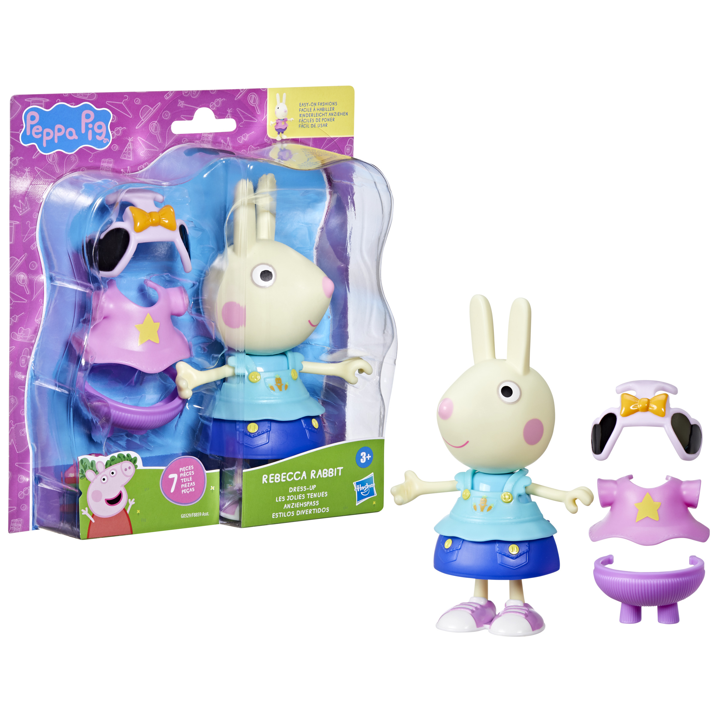 Un juguete de Peppa Pig Rebecca Rabbit. Tiene ropa intercambiable, un vestido rosa y una falda azul. El embalaje es visible.