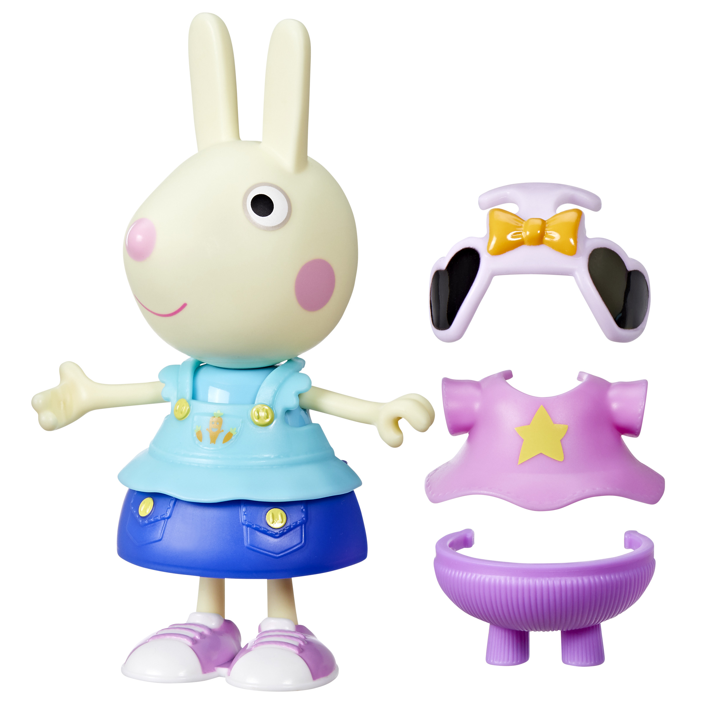 Una figura de conejito de juguete con ropa y accesorios extraíbles. Tiene un vestido azul claro y mejillas rosadas.