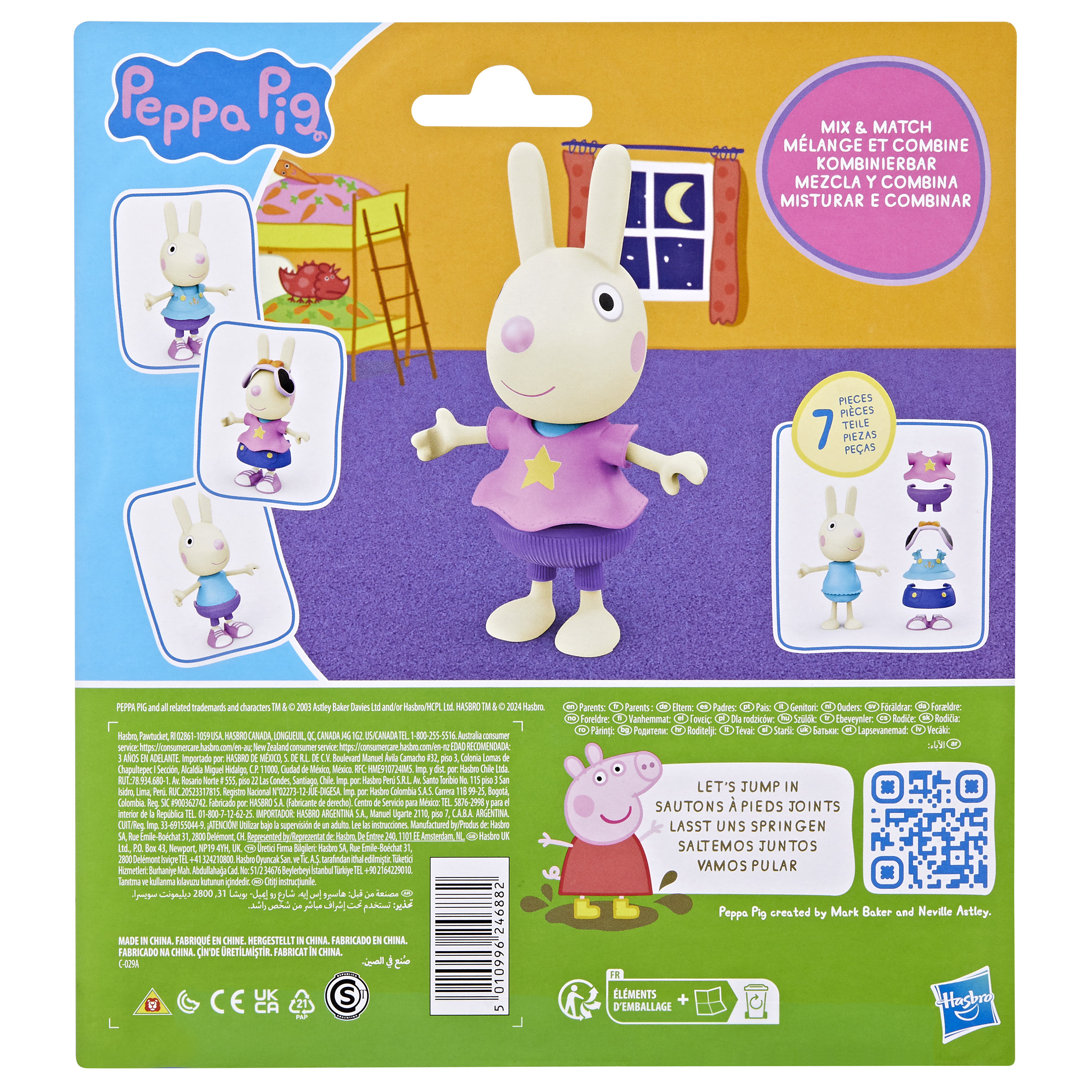 Una caja de juguetes de Peppa Pig. Presenta a Peppa Pig y un juguete de conejo. La caja tiene fondo azul.