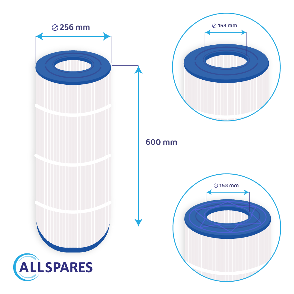 Diagramm eines zylindrischen Wasserfilters mit Abmessungen: 256 mm Durchmesser, 600 mm Höhe. Details von Ober- und Unterseite sind gezeigt.