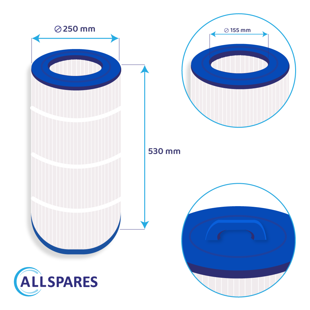 Ein weißer Filter mit blauen Rändern, Abmessungen 250 mm, 155 mm und 530 mm. Allspares-Logo sichtbar.