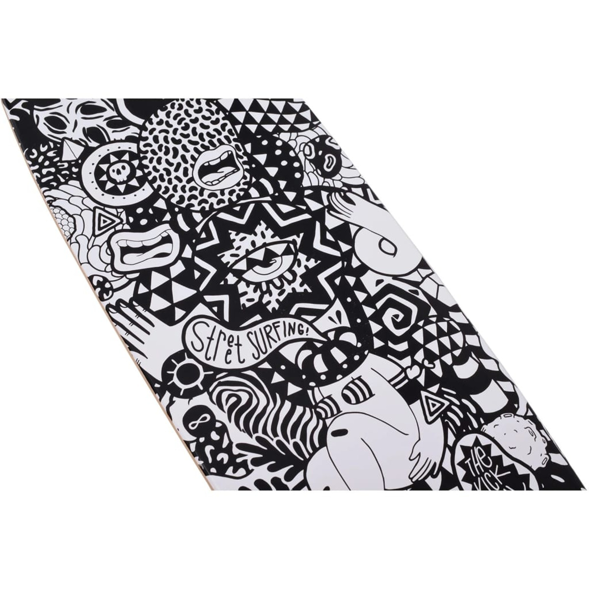 Ein Skateboard-Deck mit schwarz-weißen Illustrationen. Zu den Merkmalen gehören Gesichter, geometrische Formen und die Worte "Street Surfing".