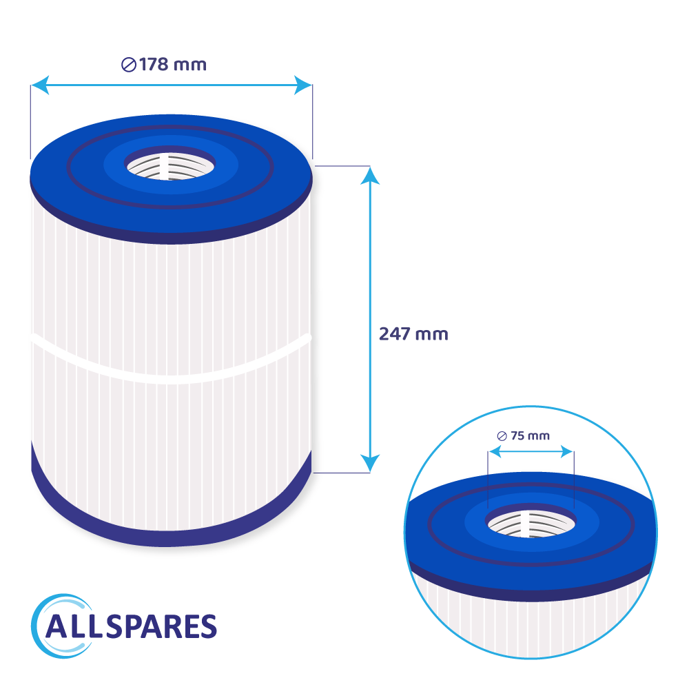 Un filtro per spa cilindrico con estremità e parte superiore blu, materiale filtrante plissettato bianco. Dimensioni: 178 mm di diametro e 247 mm di altezza.