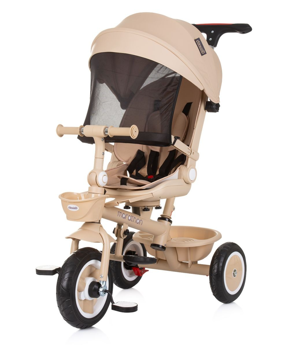 Beige und schwarzes Dreirad mit Verdeck. Merkmale sind Sitz, Fußstützen, Korb und das Wort "Marathon" auf dem Rahmen.