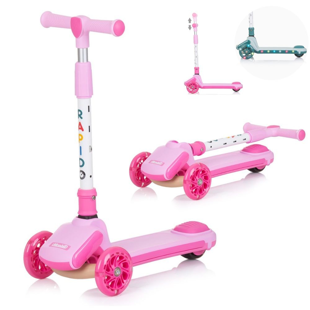 Scooter rosa per bambini a tre ruote. Lo scooter ha un manubrio a T e la parola RAPIDO scritta sullo stelo.