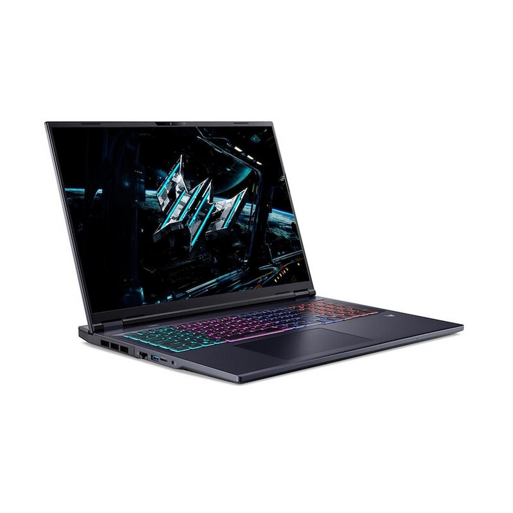 Un laptop scuro è leggermente aperto, mostrando una tastiera colorata e uno schermo con un logo. Lo sfondo è bianco.