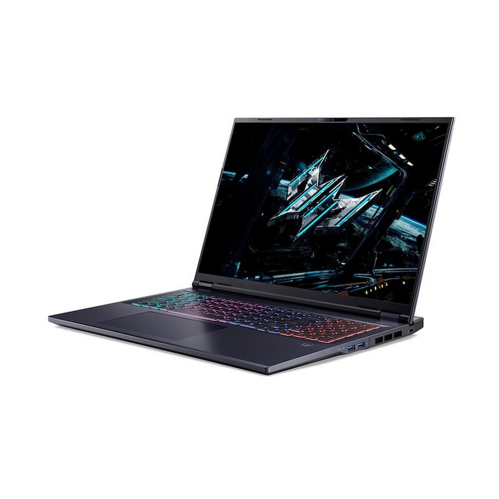 Un laptop scuro è aperto, angolato. La tastiera si illumina con più colori. Lo schermo mostra un design grafico. Sfondo bianco.
